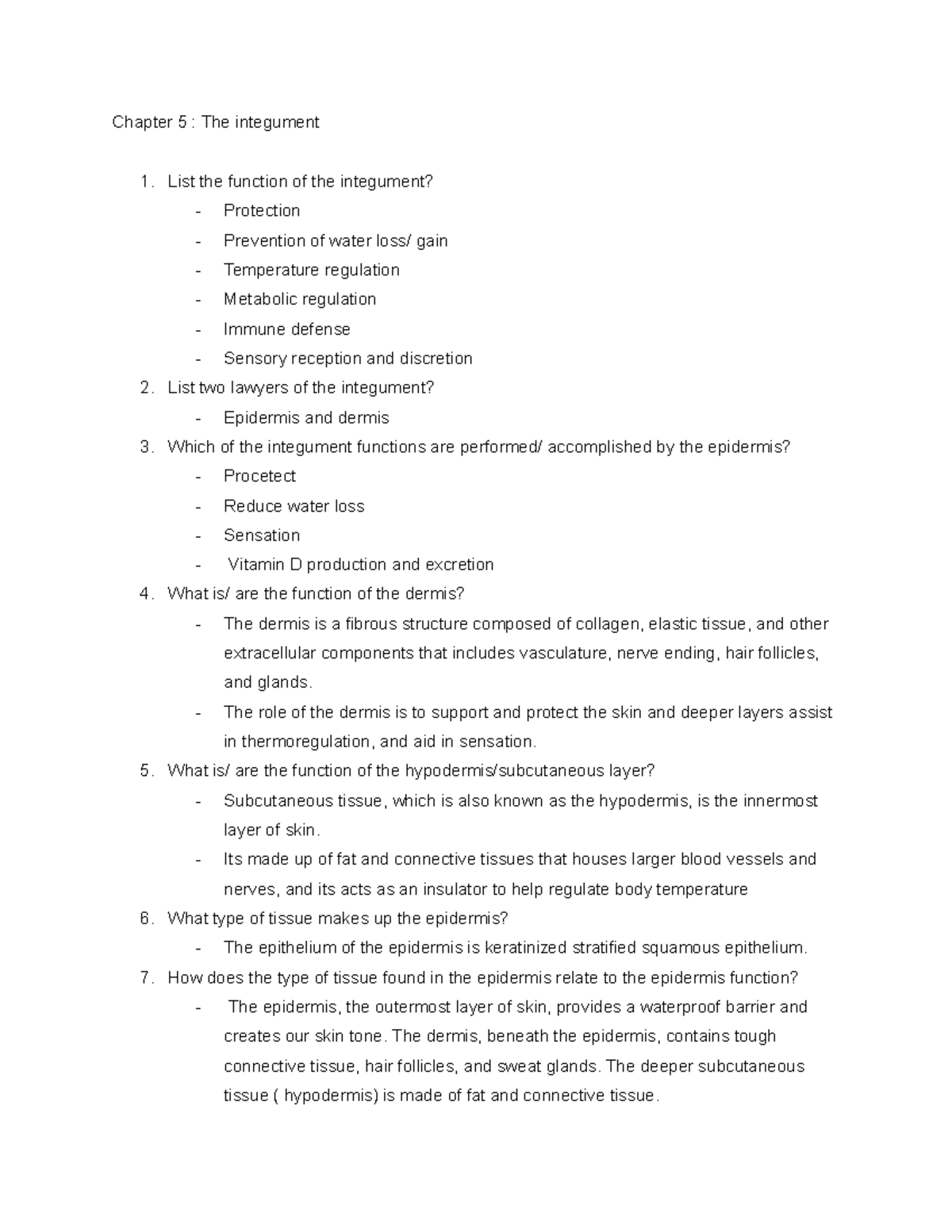 Chapter 5 The integument - Chapter 5 : The integument List the function ...