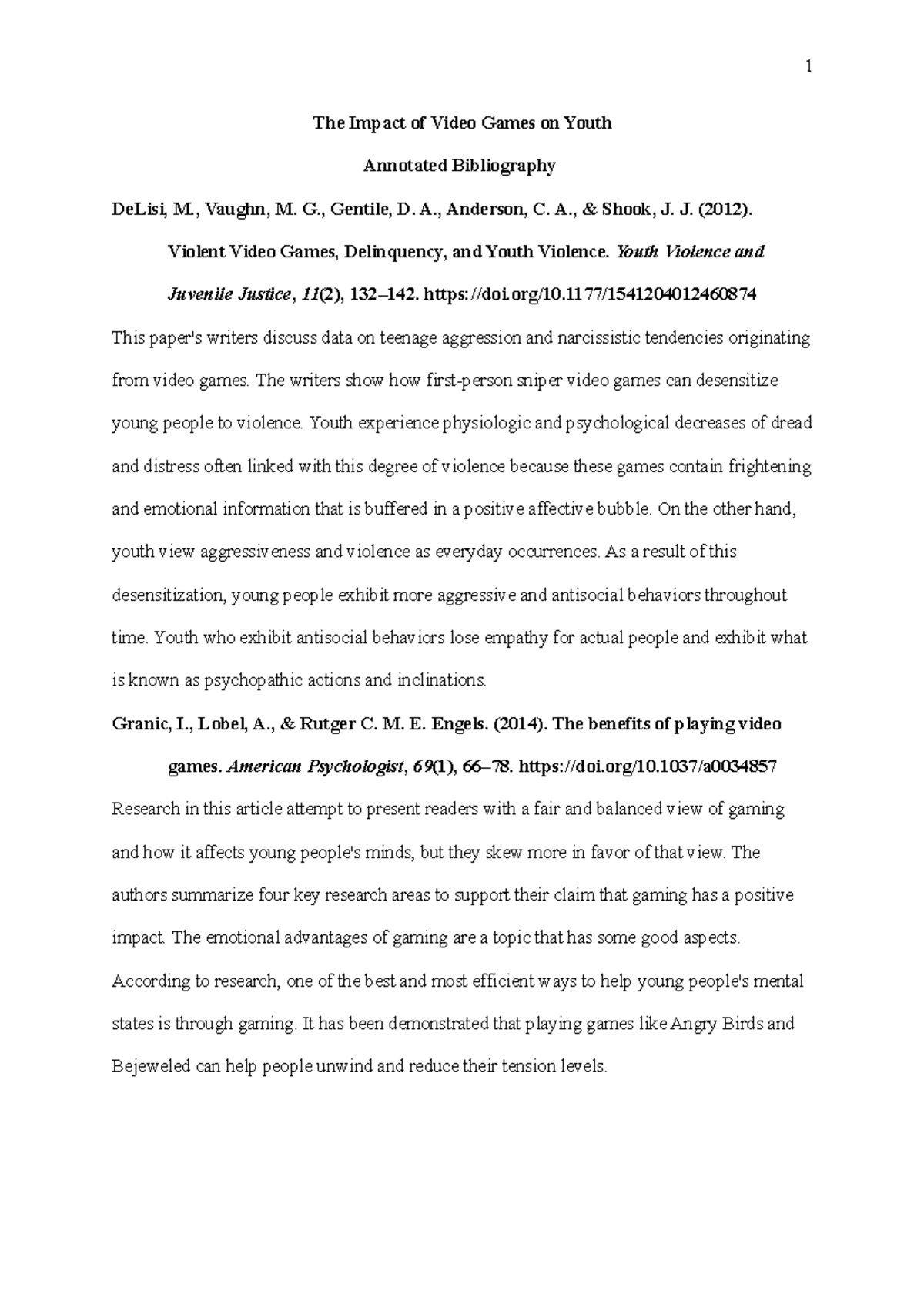 Annotated Bibliography, Impacts of video gaming on the youth The