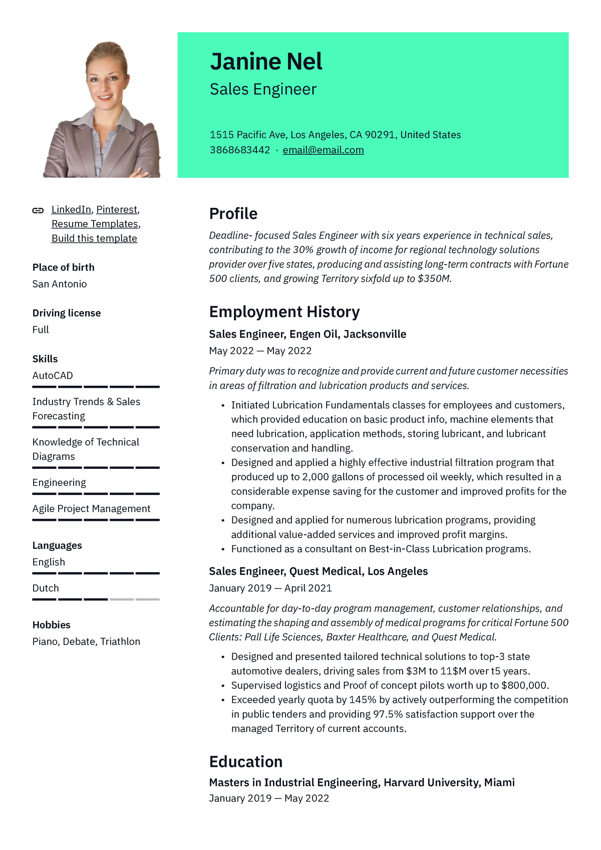 Vienna Modern Resume Template - Janine Nel Sales Engineer 1515 Pacific ...