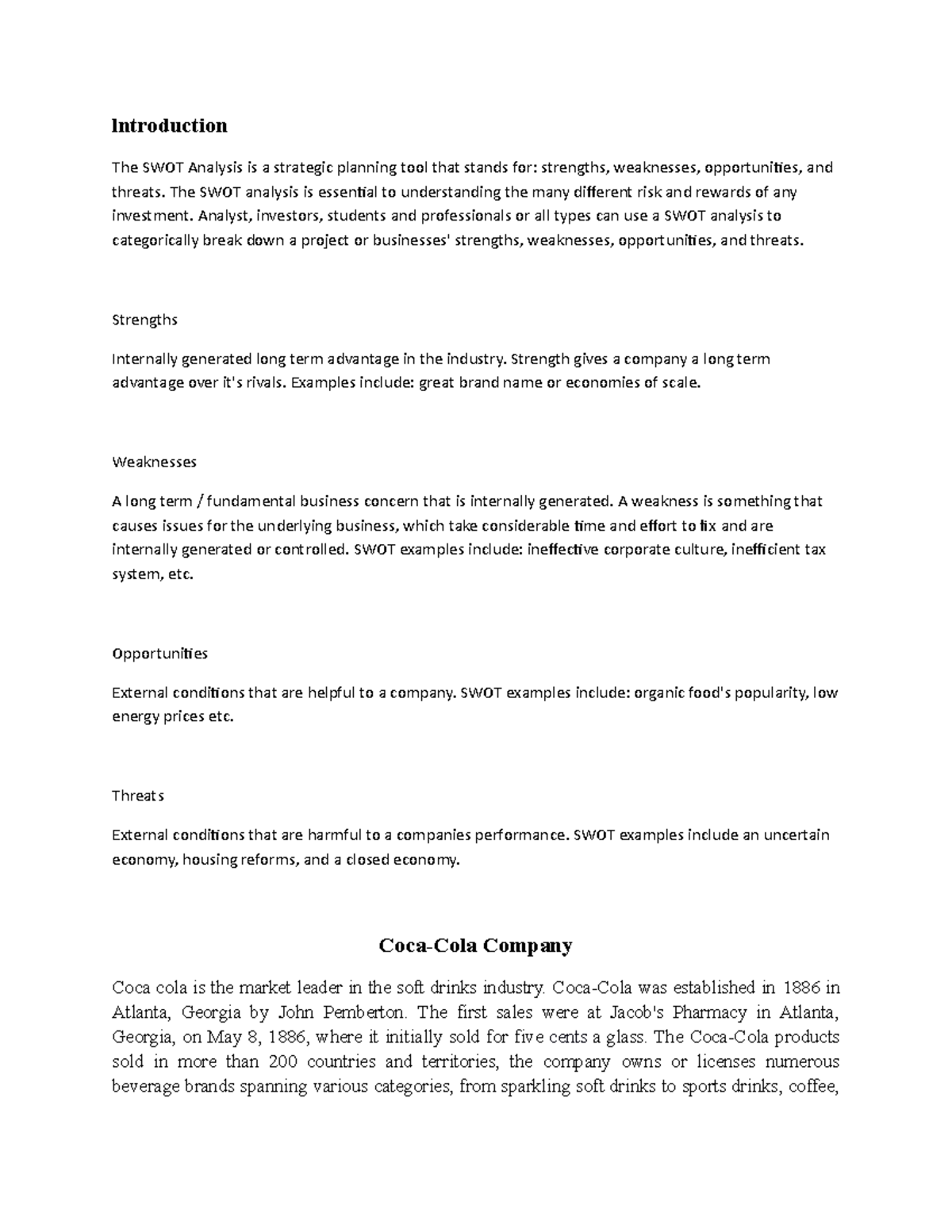 Coca - Tghg - lntroduction The SWOT Analysis is a strategic planning ...