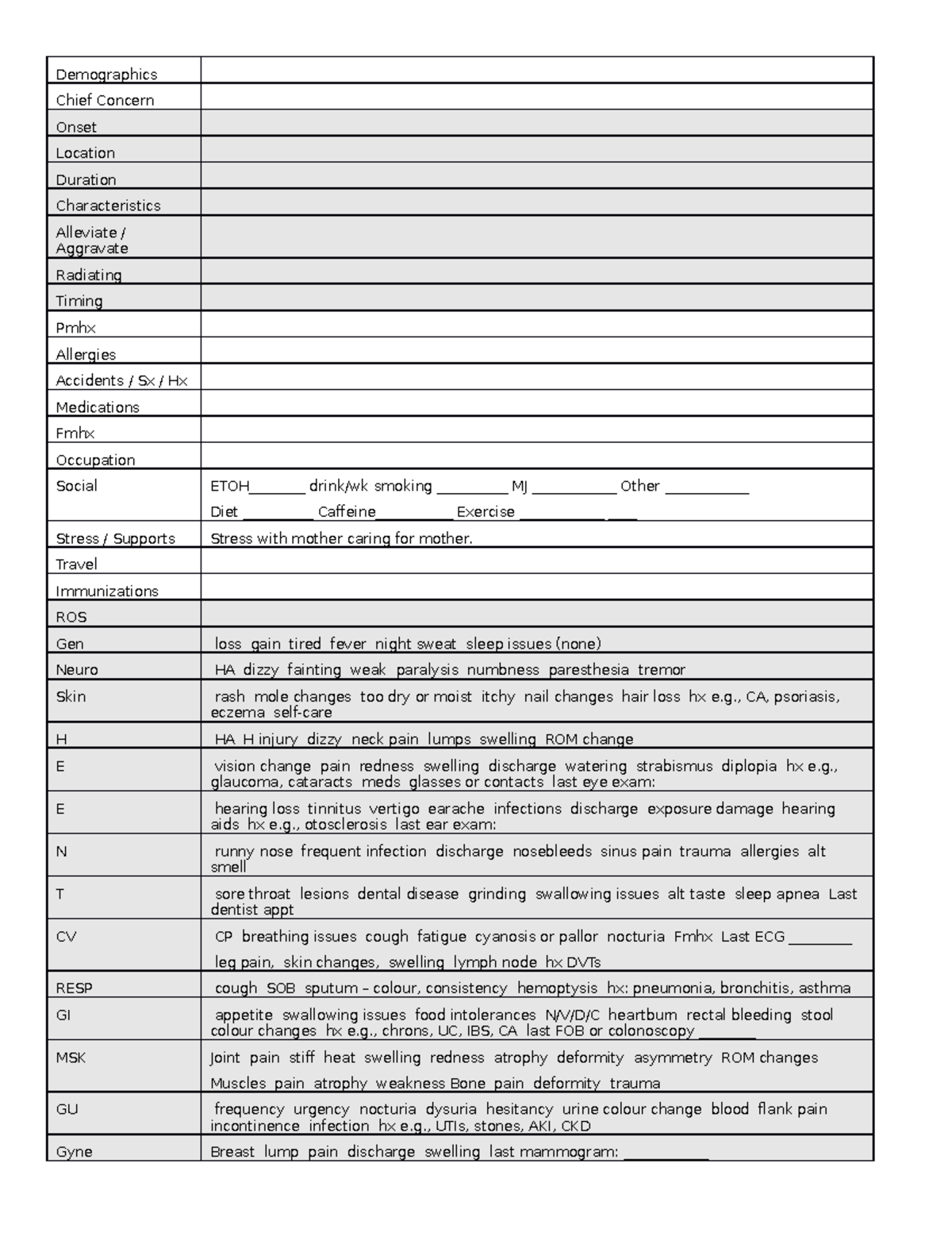 Assessment Tool - Demographics Chief Concern Onset Location Duration ...