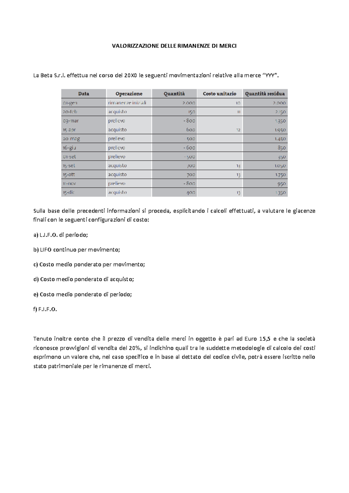 Esercitazione rimanenze merci - VALORIZZAZIONE DELLE RIMANENZE DI MERCI ...