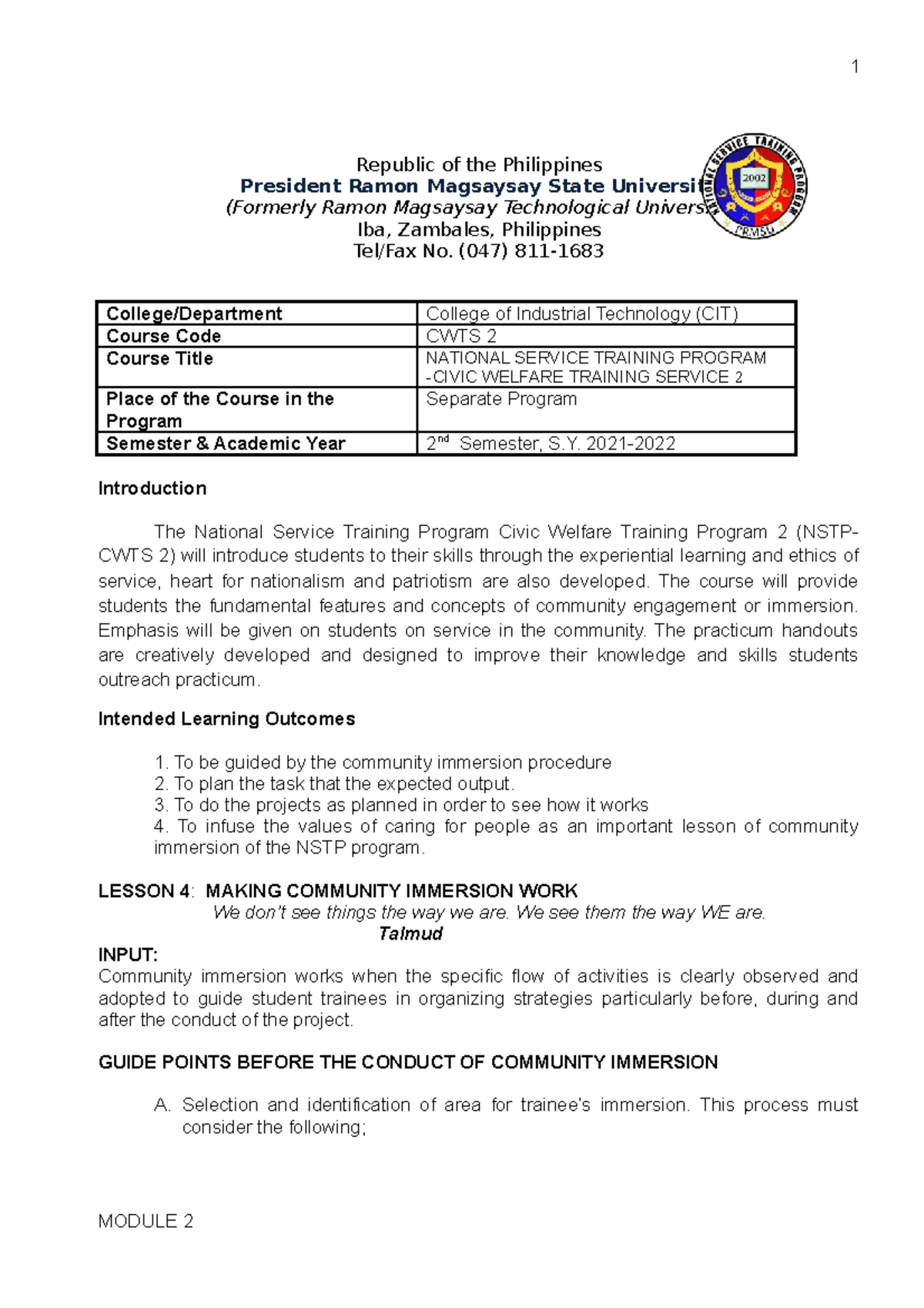 NSTP CWTS 2 Module 2 2ND SEM - Republic Of The Philippines President ...