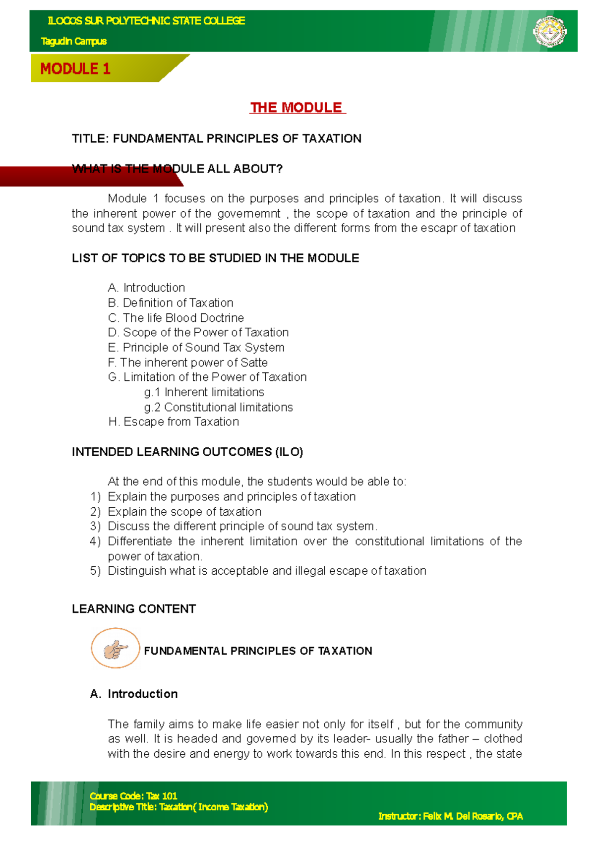 Final- Module-1- Taxation - THE MODULE TITLE: FUNDAMENTAL PRINCIPLES OF ...