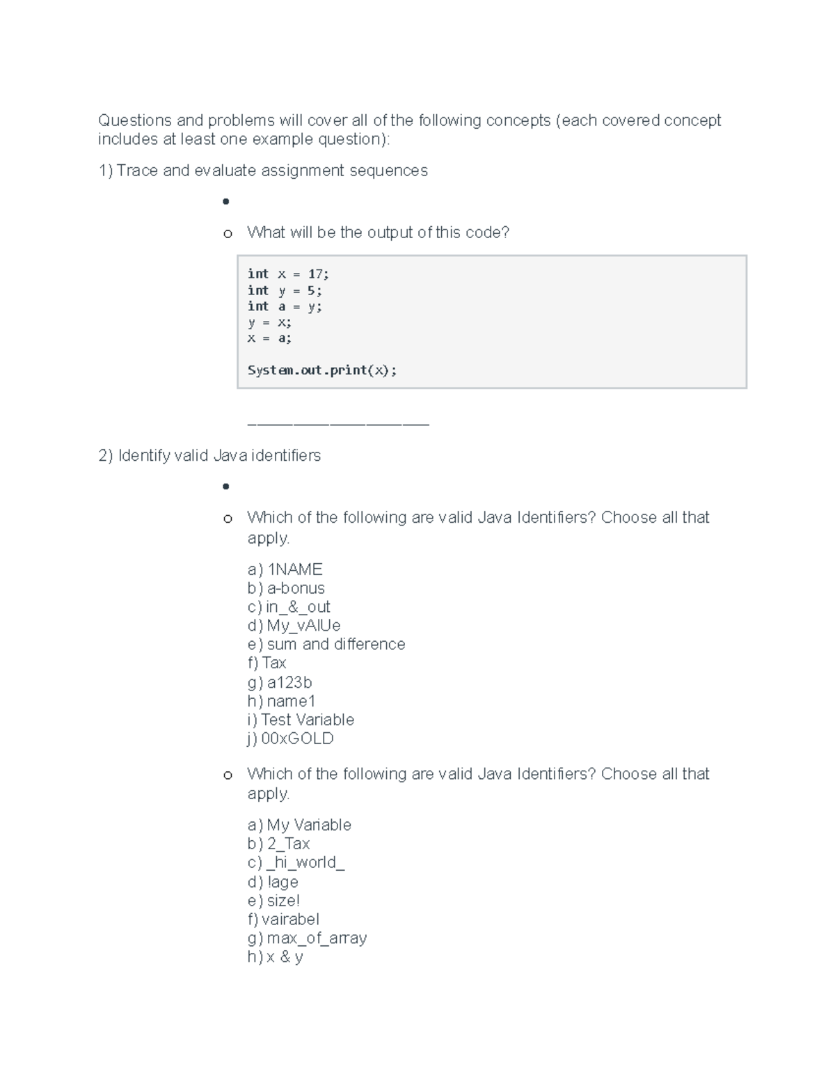 Final Exam Study Guide - Questions and problems will cover all of the ...