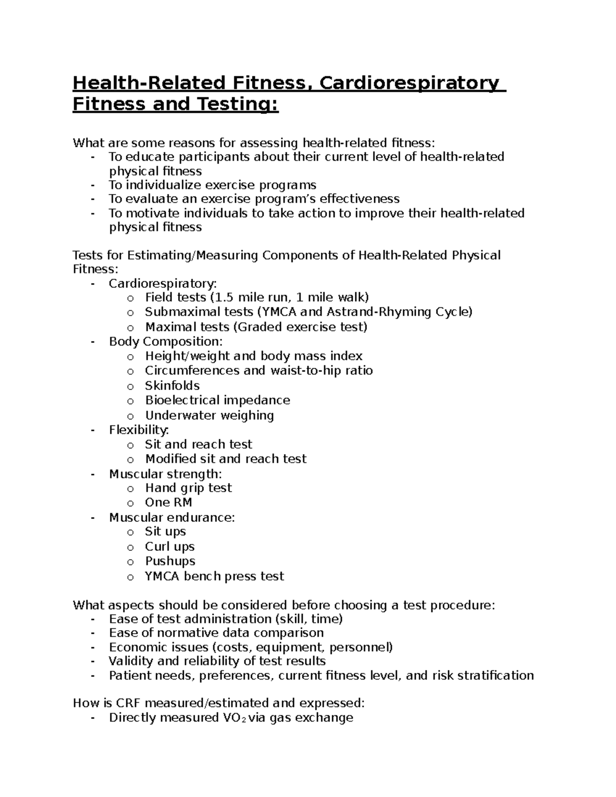 Cardiorespiratory fitness assessment HealthRelated Fitness