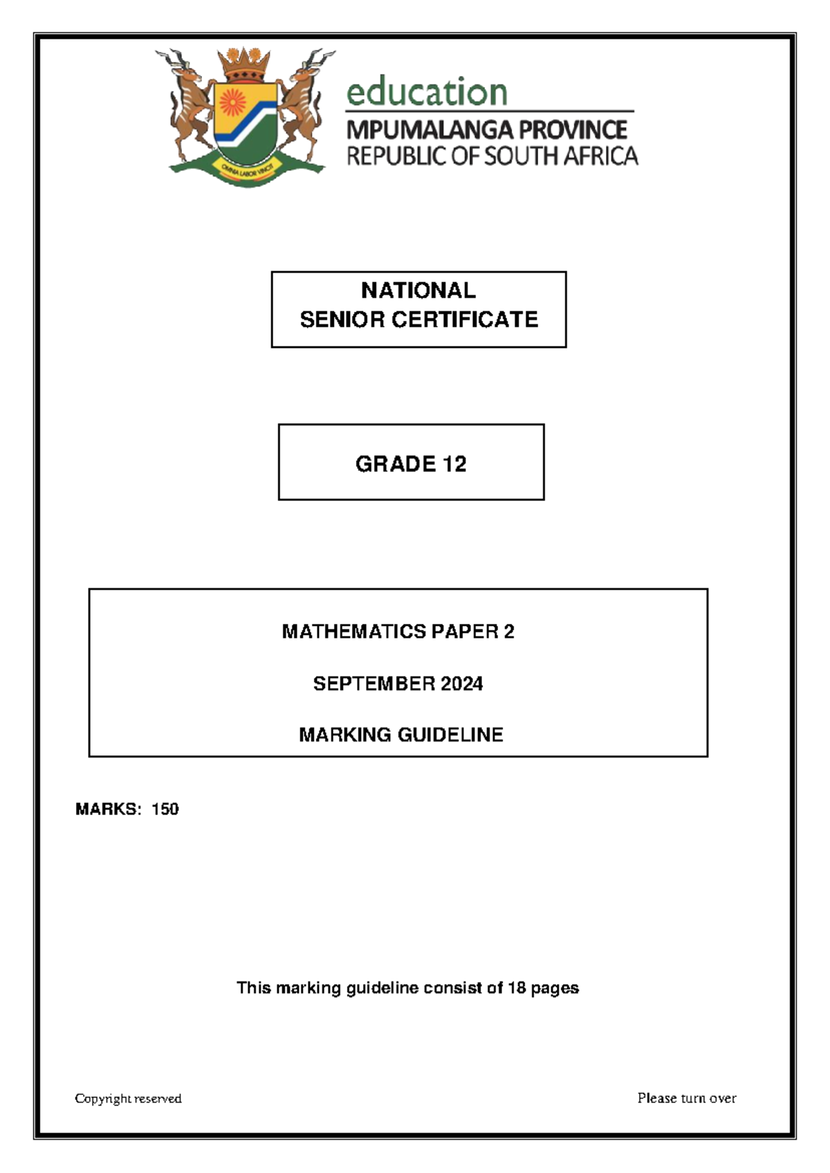 MP Mathematics P2 Trial Exam MG - ####### MARKS: 150 This marking ...