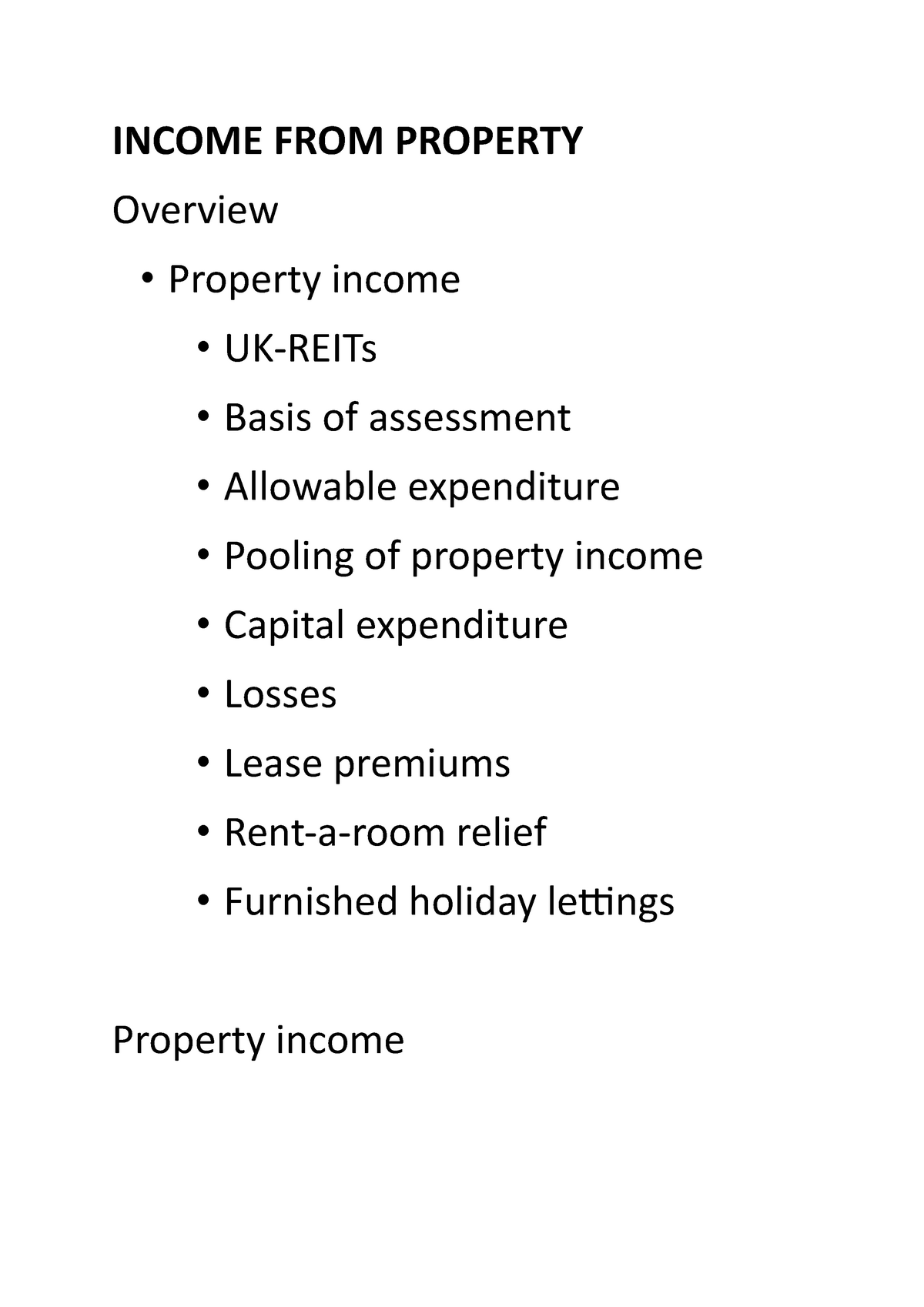 Lec3p1 - INCOME FROM PROPERTY Overview Property income UK-REITs Basis ...