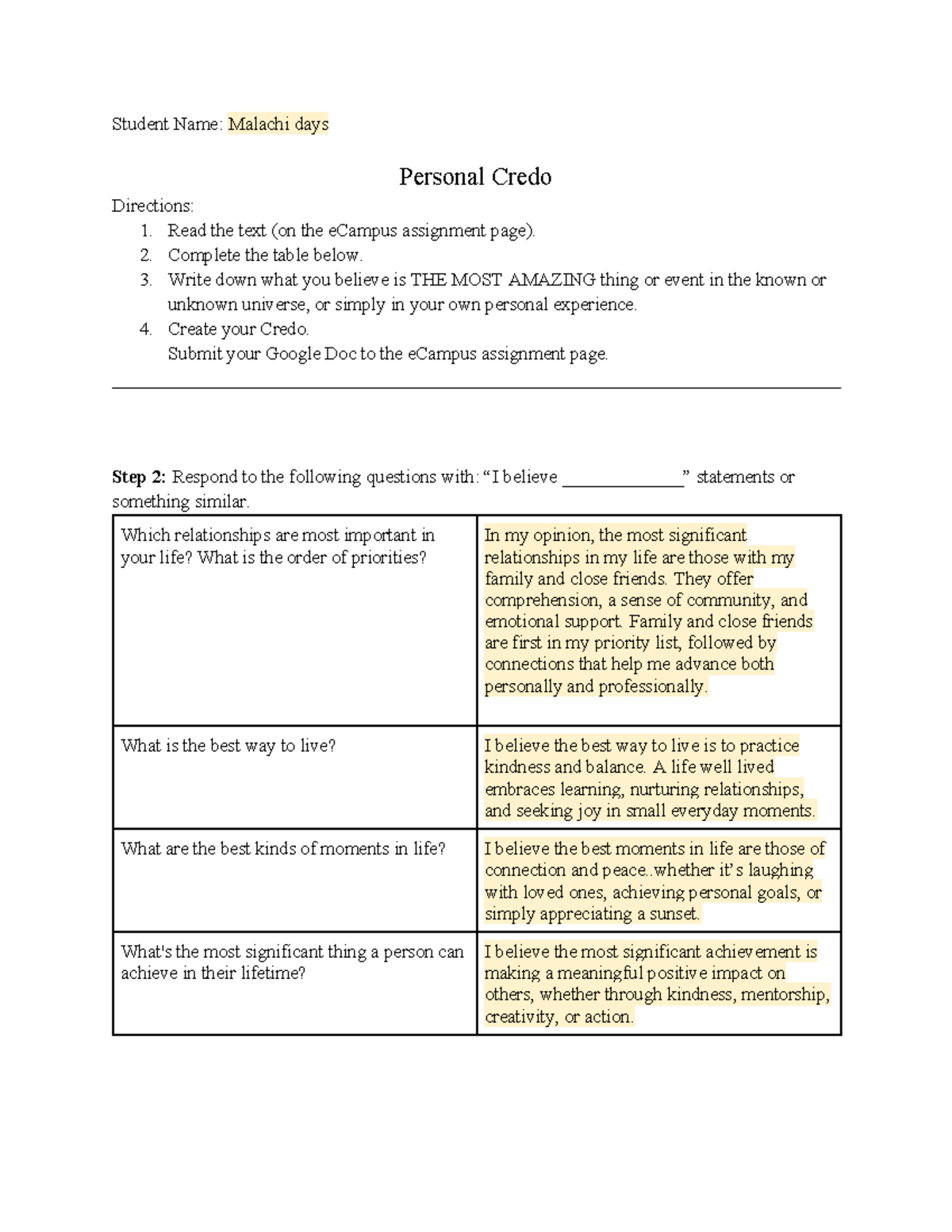 Copy of Personal Credo - help - Student Name: Malachi days Personal ...
