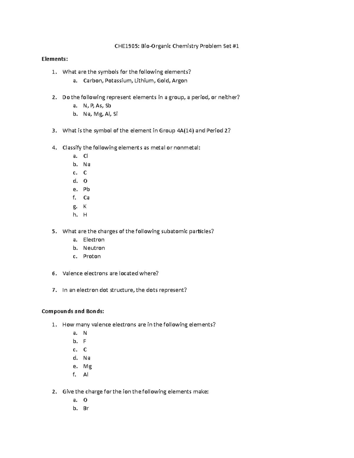 che1905-problem-set-1-che1905-bio-organic-chemistry-problem-set