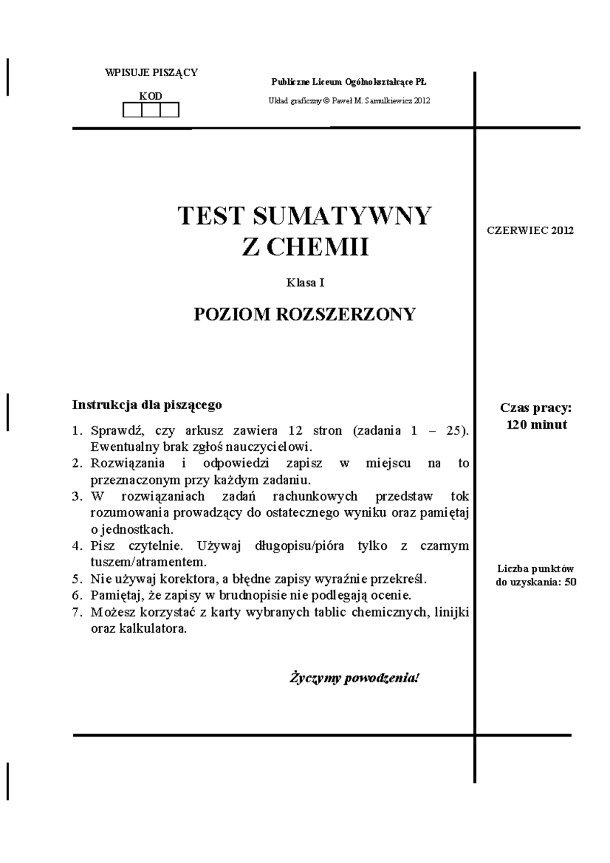 Chemia Sprawdzian 3 Poziom Rozszerzony