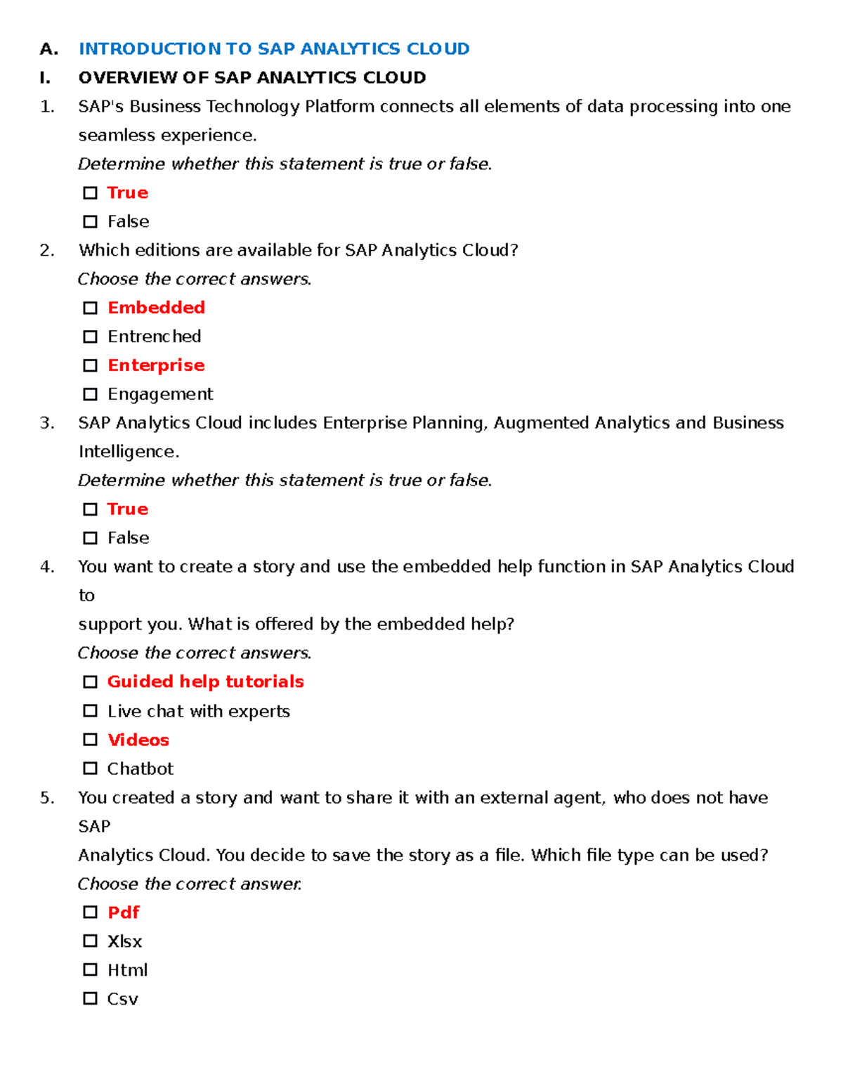 Learning Assessment Answer - A. INTRODUCTION TO SAP ANALYTICS CLOUD I ...