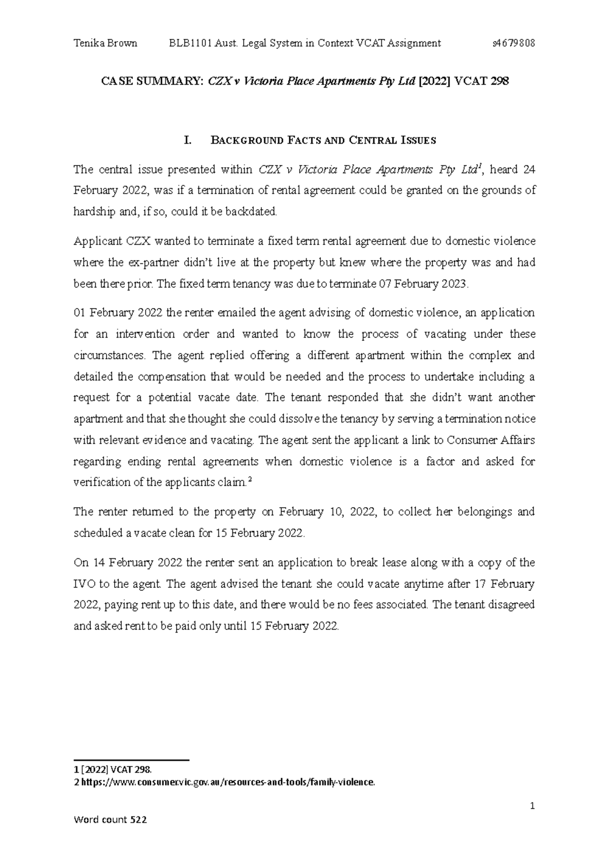 VCAT Assignment Tenika Brown s4679808 CASE SUMMARY CZX v Victoria Place Apartments Pty Ltd