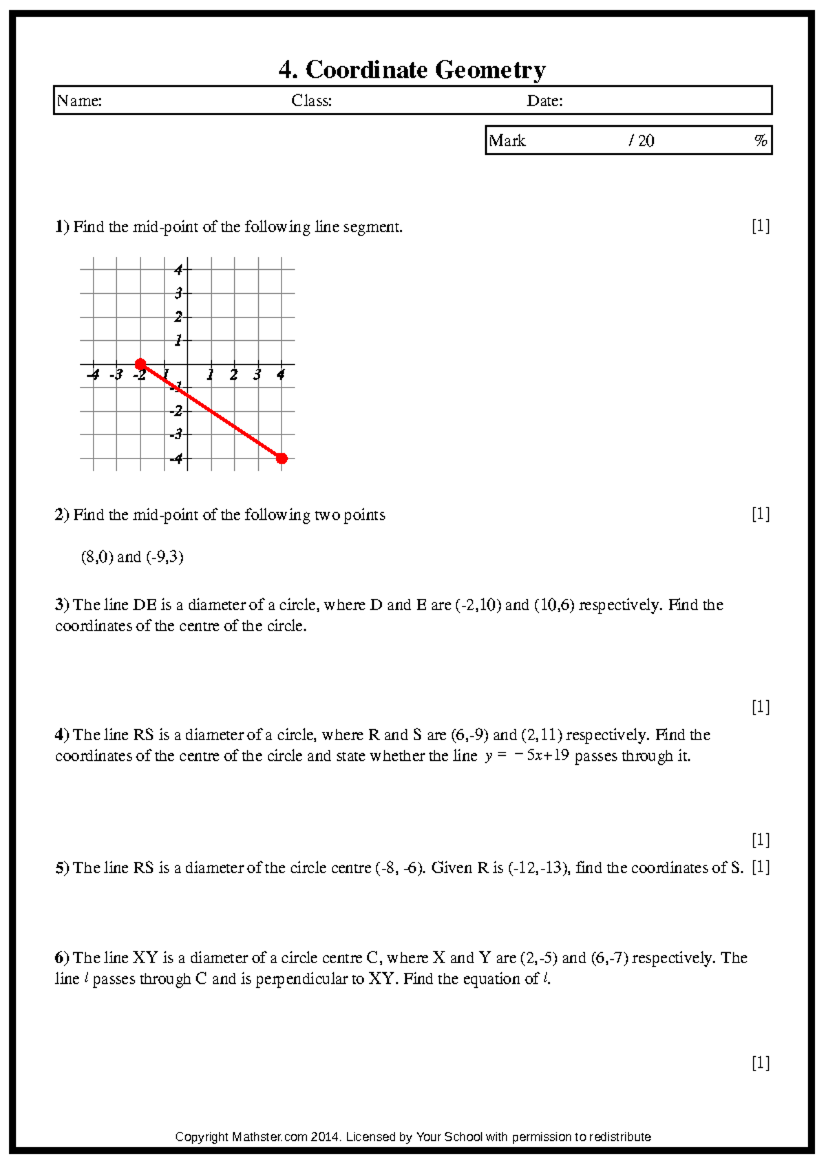Coordinate Geometry - advanced maths - Mark / 20 % Find the mid-point ...
