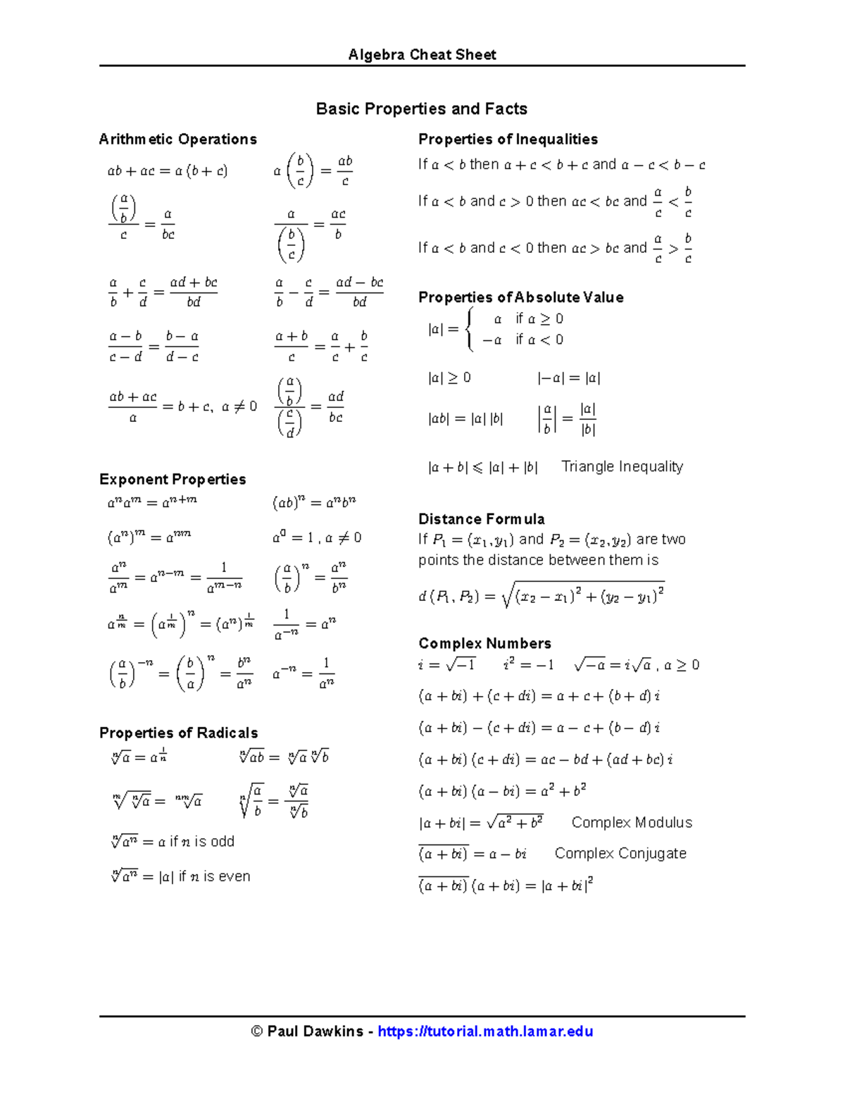 Algebra Cheat Sheet - Basic Properties and Facts Arithmetic Operations ...