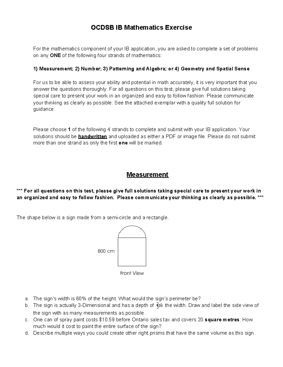 Ocdsb IB Application 2020 Final Math Exercise OCDSB IB Mathematics