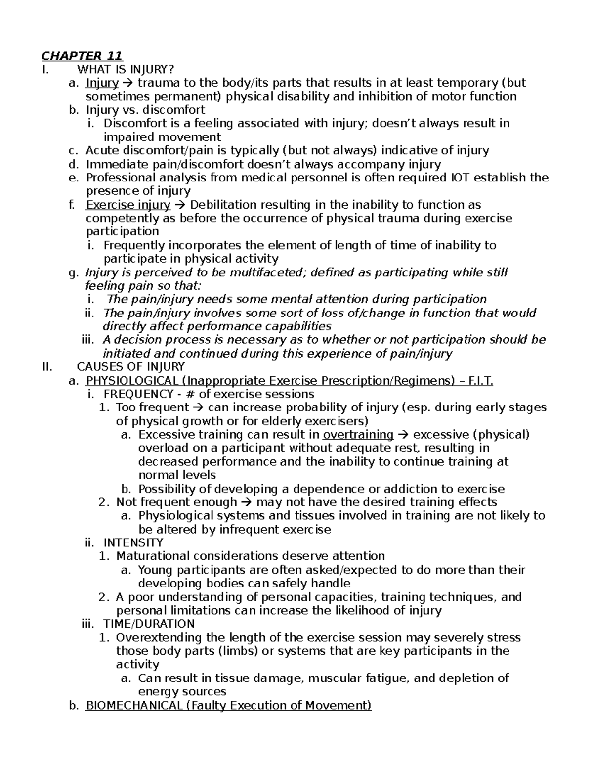 Exam 3 - book notes - CHAPTER 11 I. WHAT IS INJURY? a. Injury trauma to ...