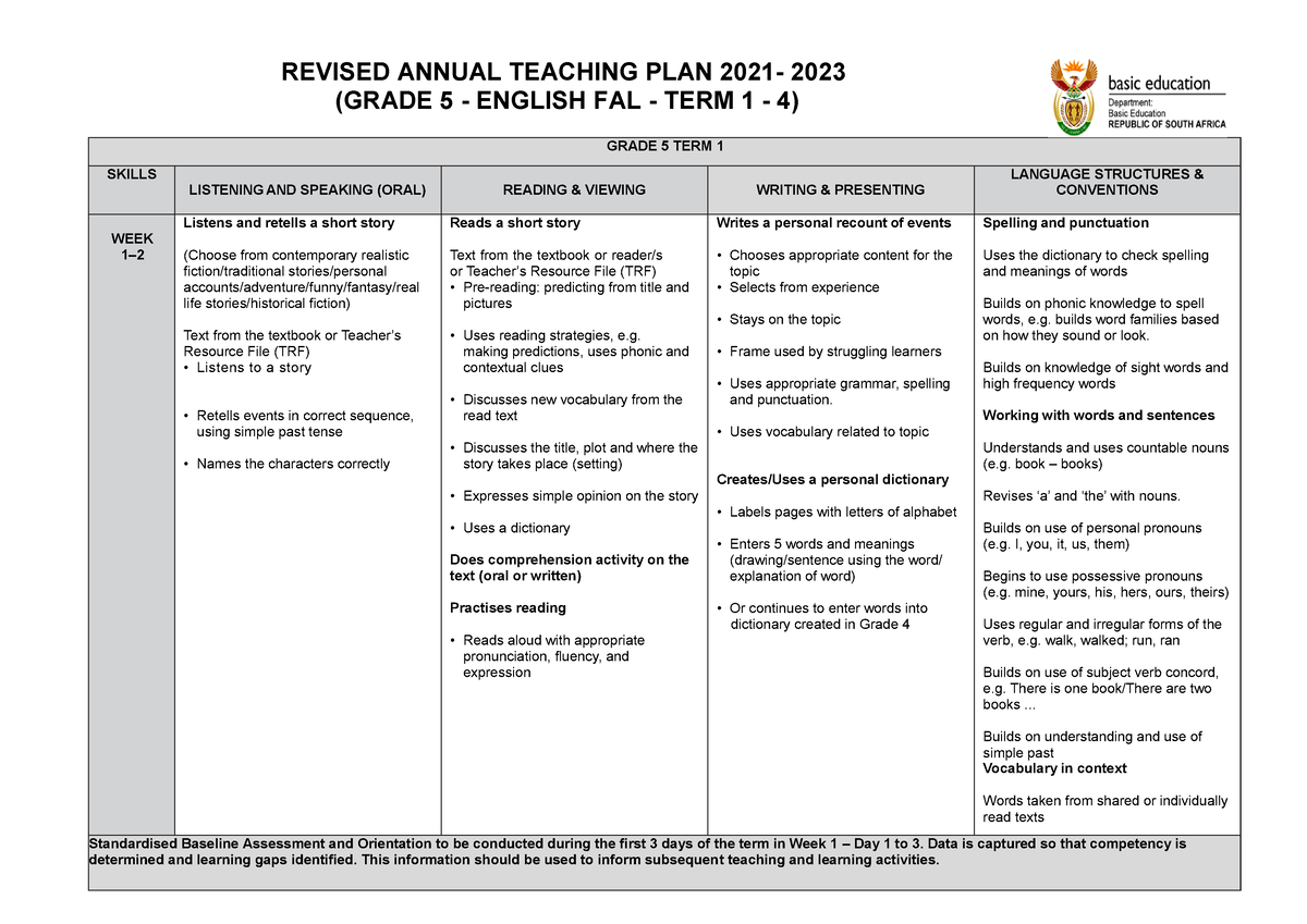 Grade 5 English FAL TERM 1 4 ATP 2021 REVISED ANNUAL TEACHING PLAN 