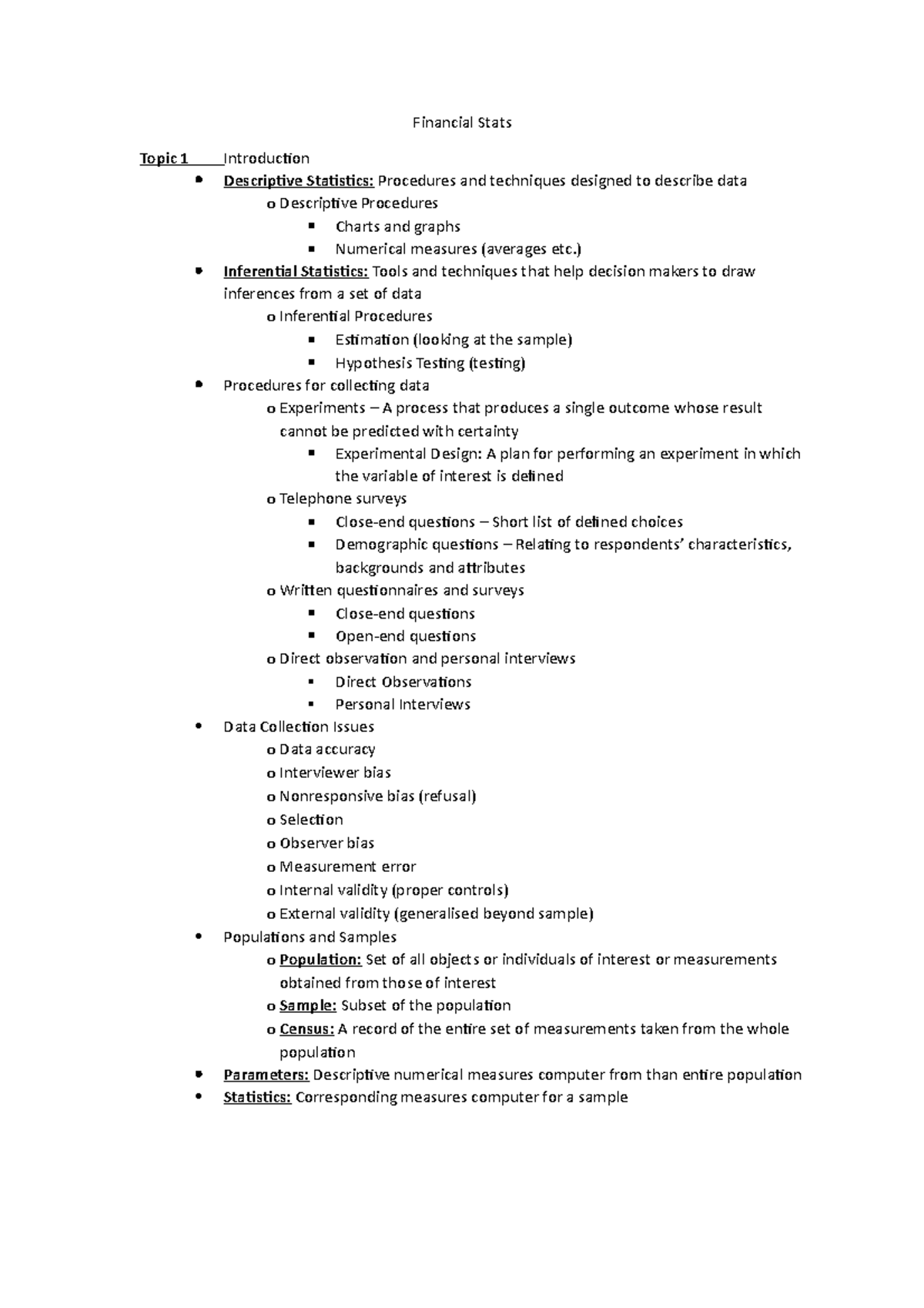 Financial Stats Notes - Financial Stats Topic 1 Introduction ...