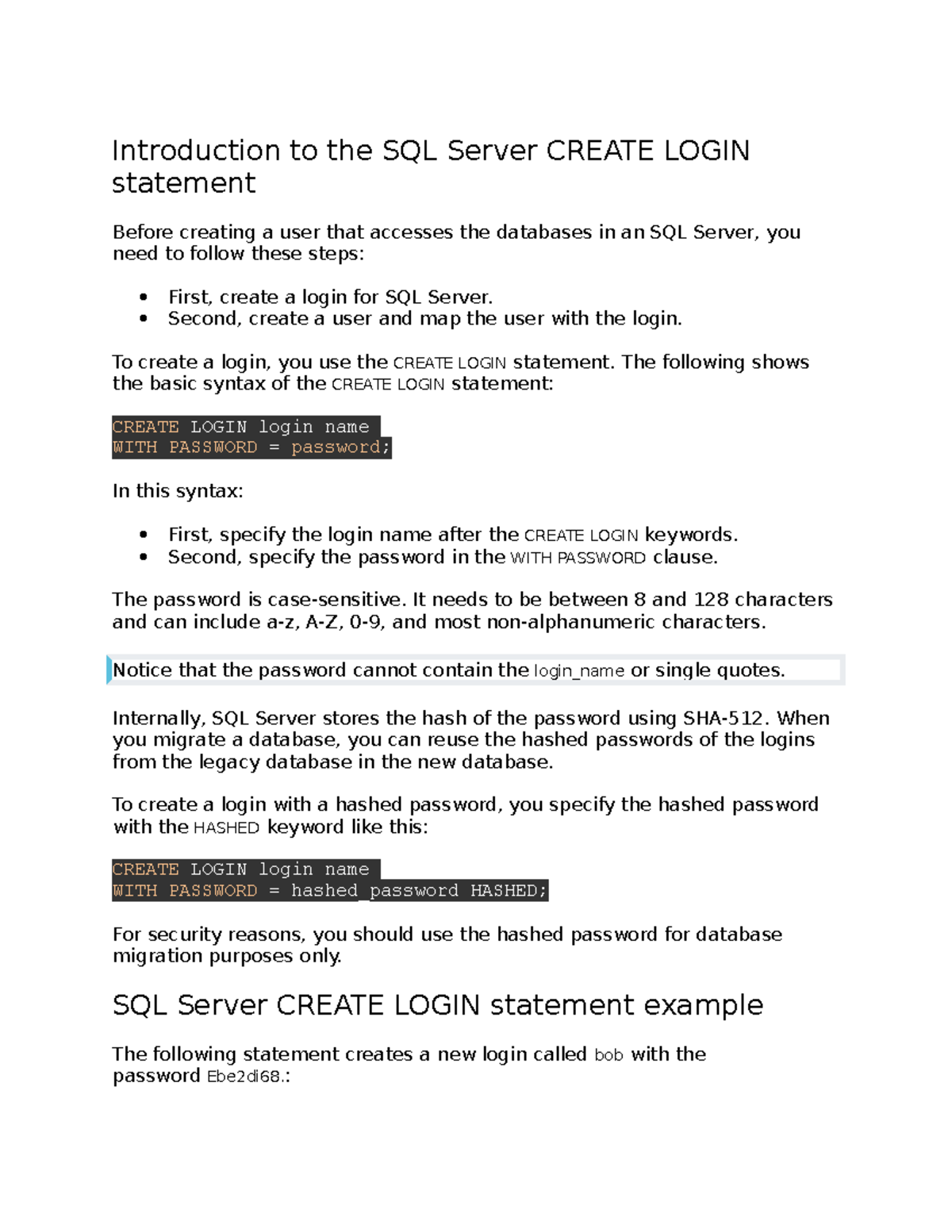 Introduction to the SQL Server Create Login statement - Introduction to ...