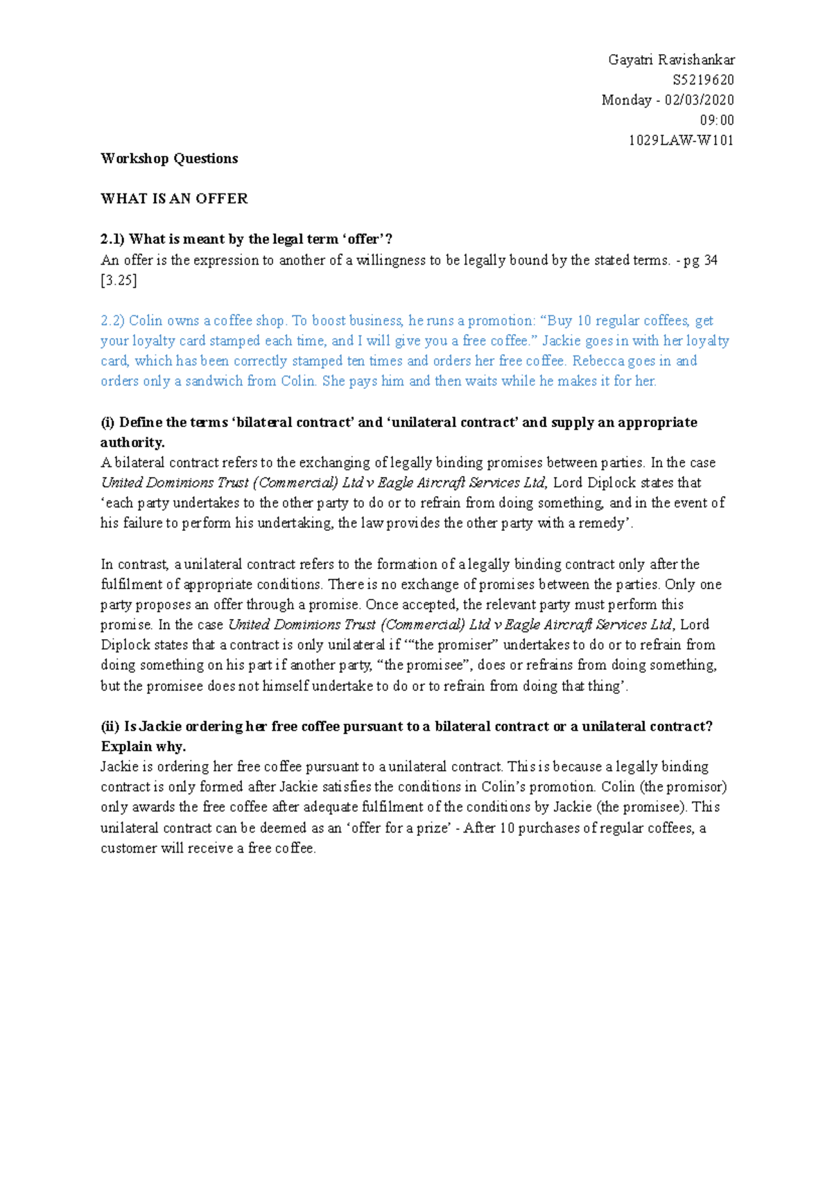 Workshop Questions - Week 2 - S Monday - 02/03/ 09: 1029LAW-W Workshop ...