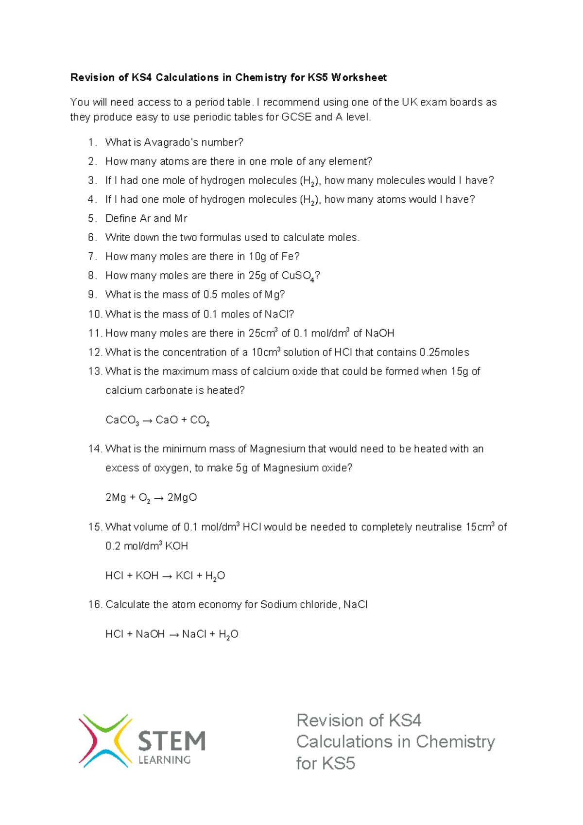 Worksheet revision calculations ks5 - Revision of KS4 Calculations in ...