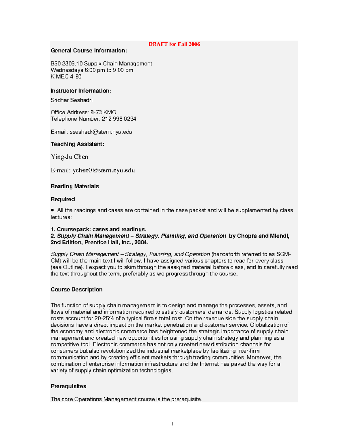 Scm Draft Fall 05 - Masters Of Business Administration (18MBA) - Edit ...