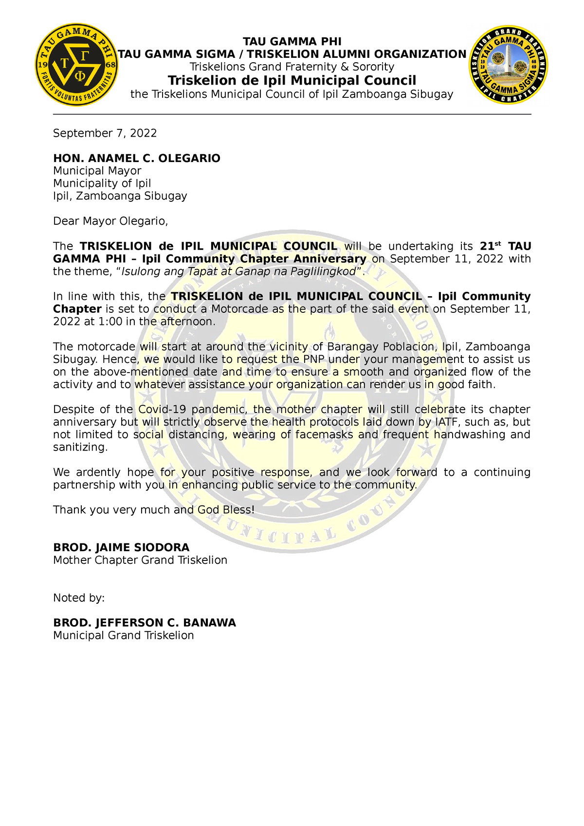 Motorcade Letter - TAU GAMMA PHI TAU GAMMA SIGMA / TRISKELION ALUMNI