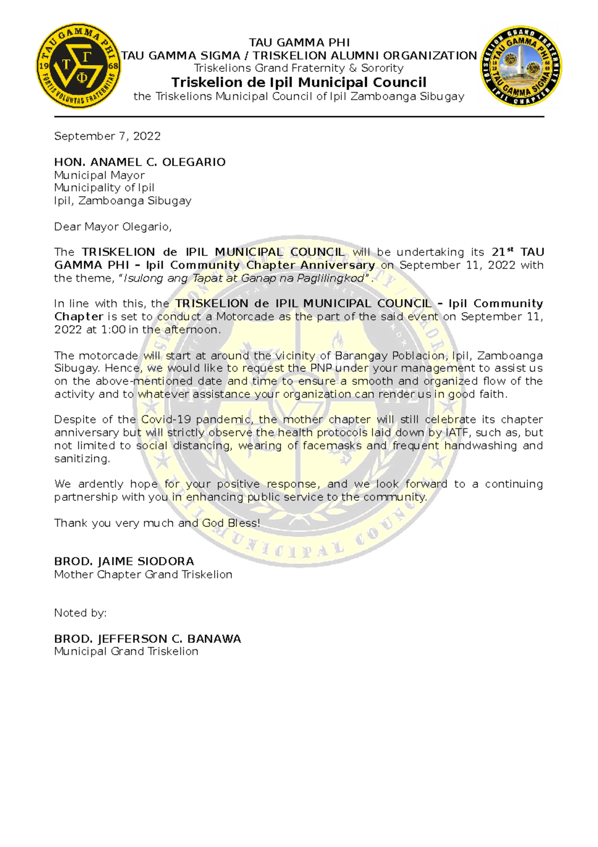 Motorcade Letter TAU GAMMA PHI TAU GAMMA SIGMA TRISKELION ALUMNI 