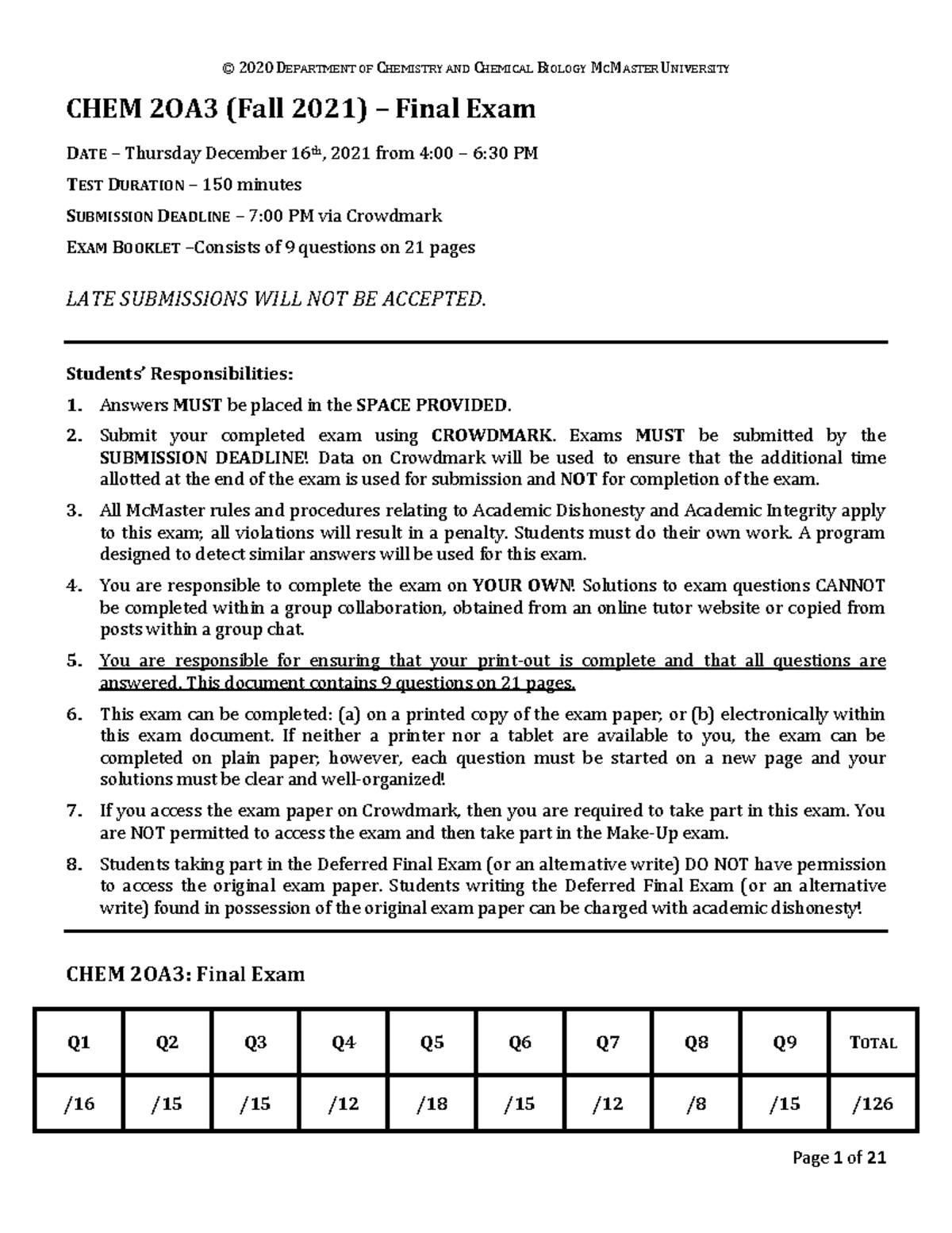 2OA3 Final Exam Fall 2021 - CHEM 2OA3 (Fall 2021) Ȃ Final Exam DATE Ȃ ...