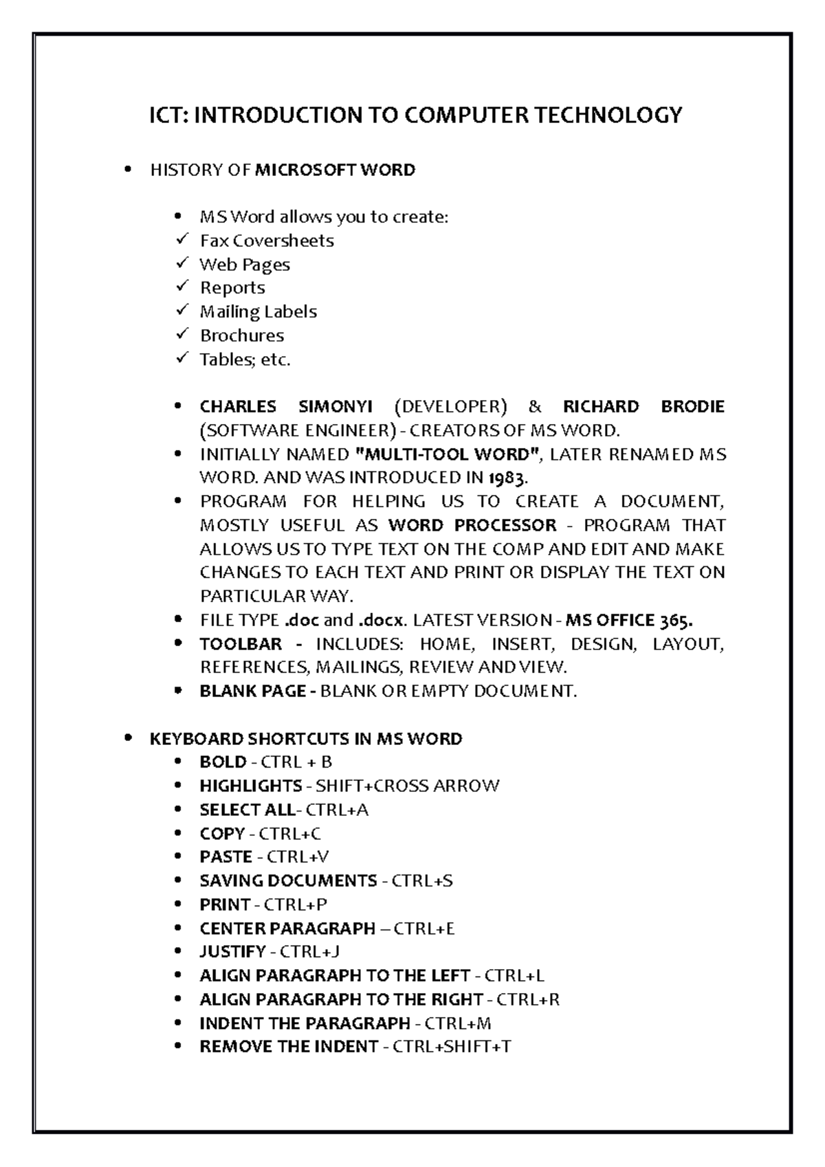 ICT 1............ - ICT: INTRODUCTION TO COMPUTER TECHNOLOGY HISTORY OF ...