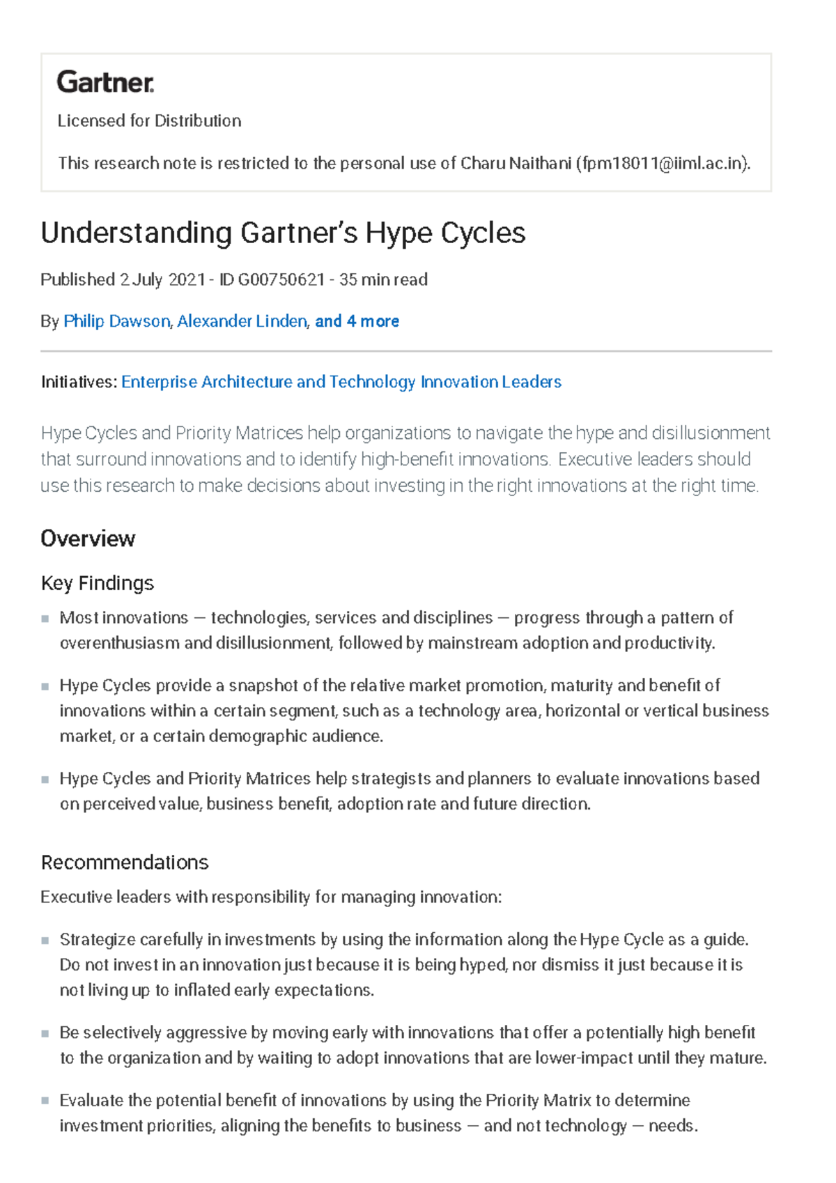 Understanding Gartner’s Hype Cycles Overview Key Findings