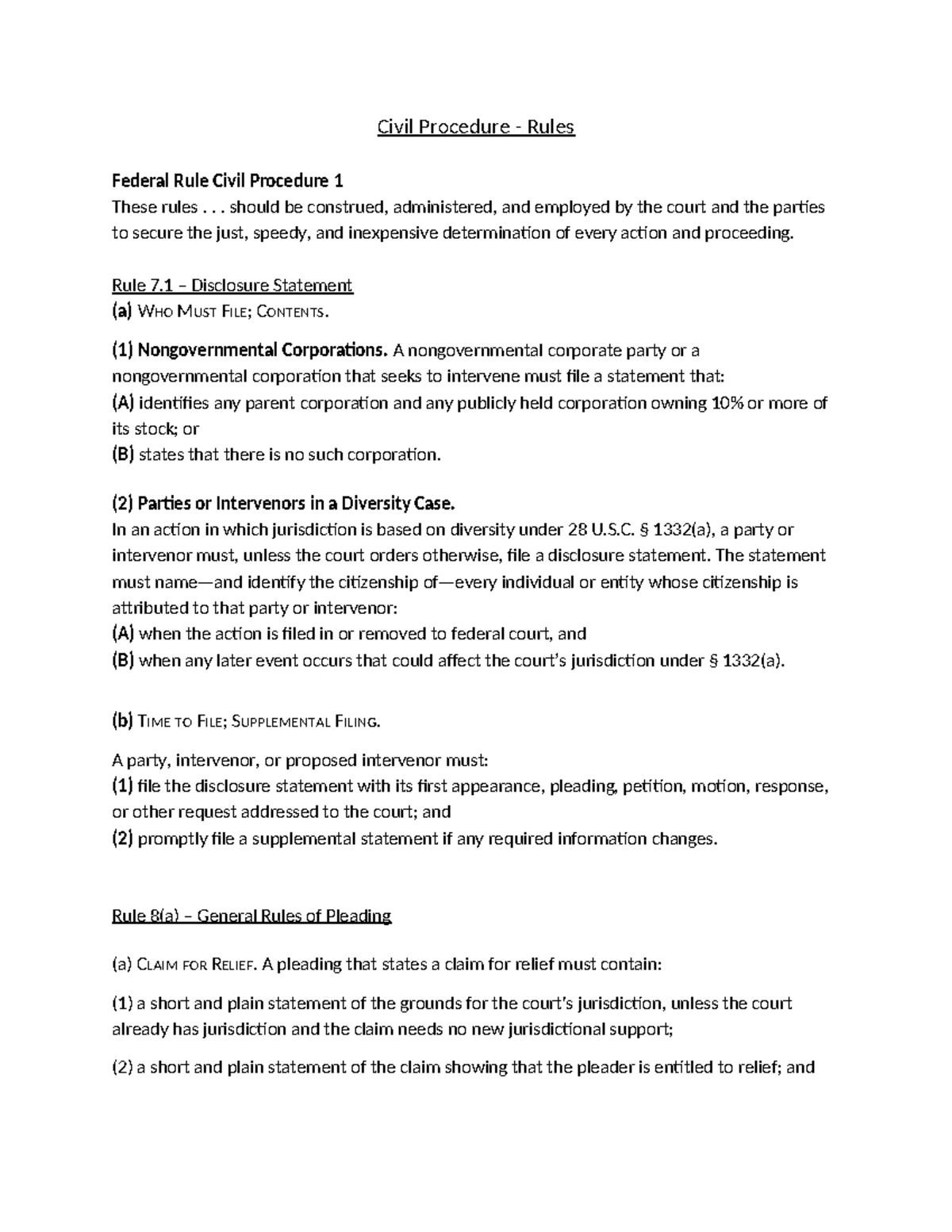 CIV PRO Notes Summary Civil Procedure Law Civil Procedure Rules