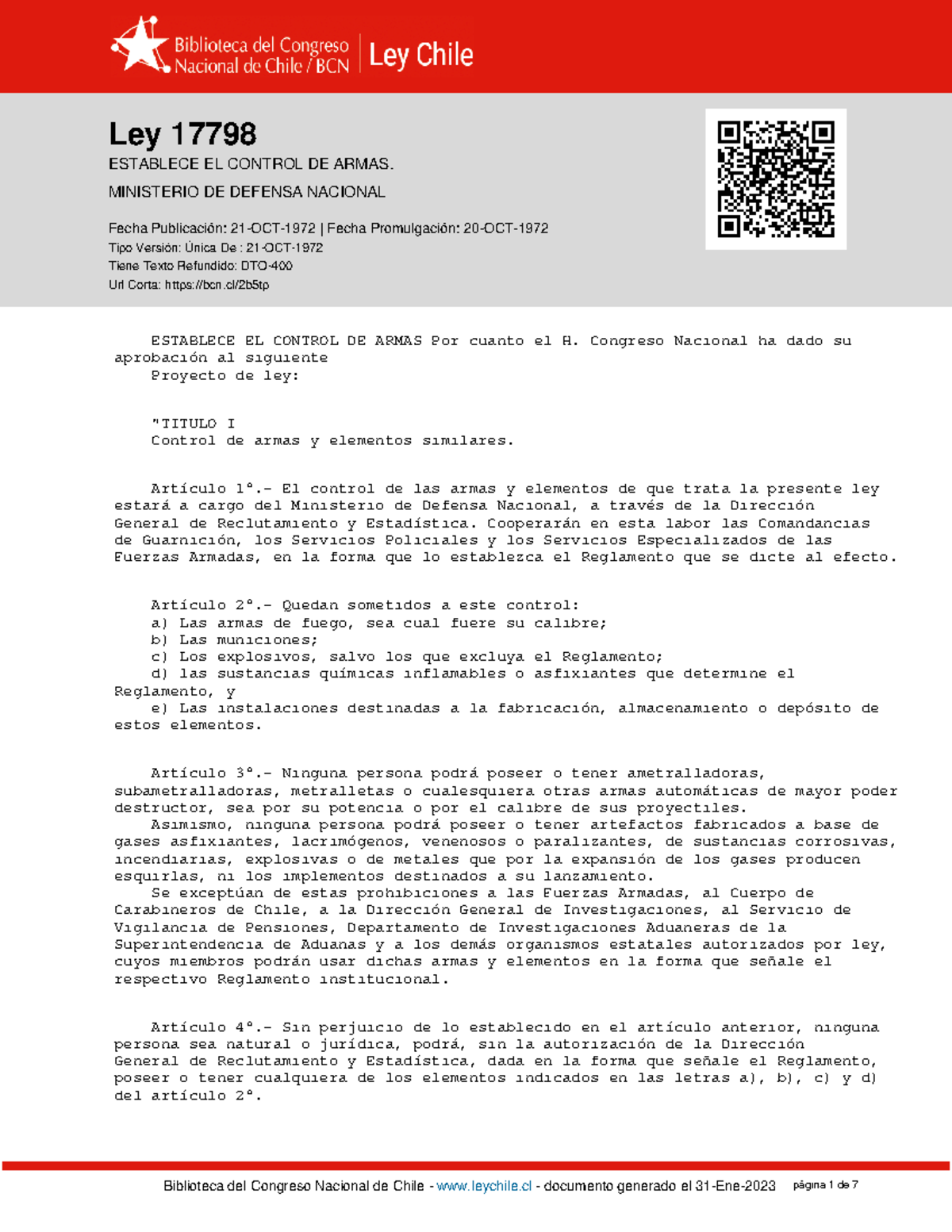 LEY17798 21OCT1972 Ley 17798 ESTABLECE EL CONTROL DE ARMAS