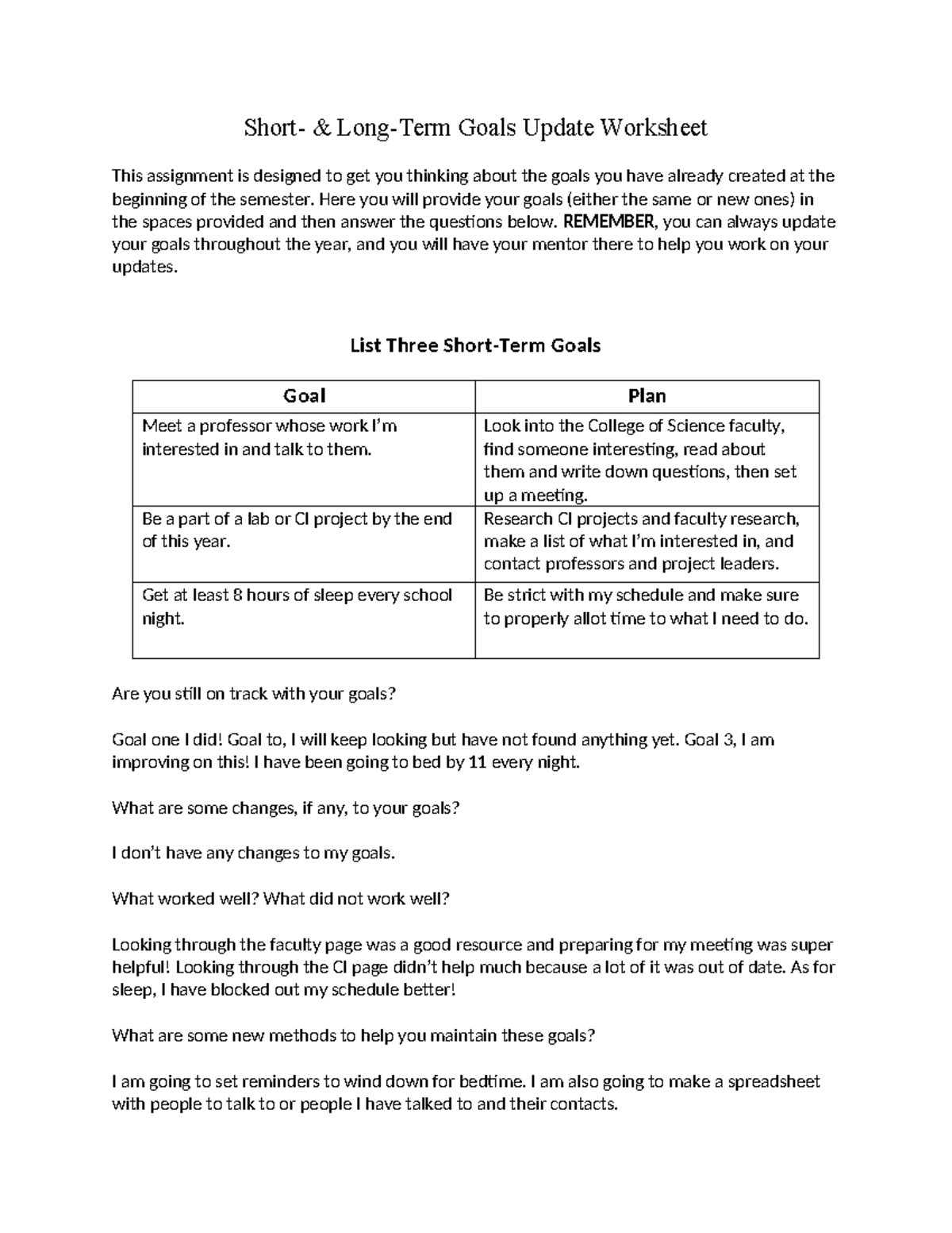 Short Long Goals Update Worksheet Short & LongTerm Goals Update