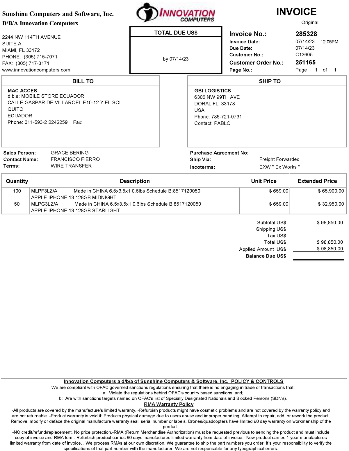 285328 - Hola - Sunshine Computers and Software, Inc. INVOICE D/B/A ...