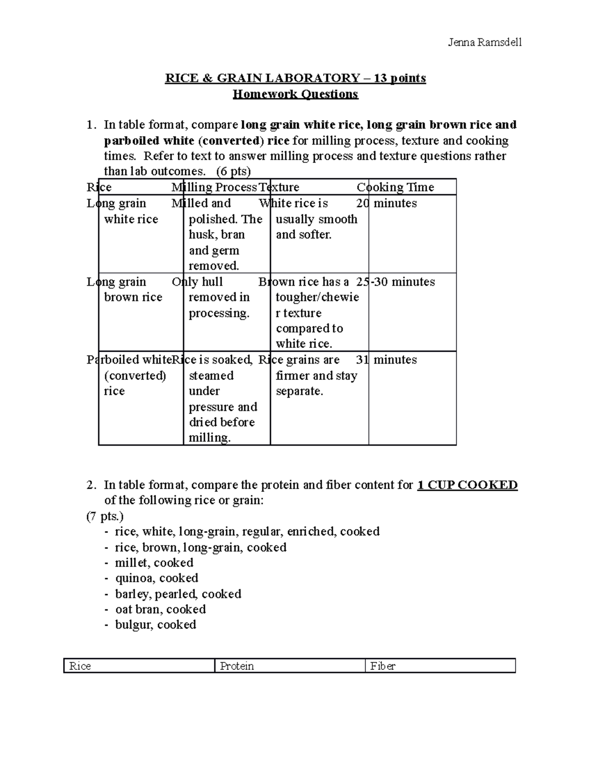 Homework 8 Jenna Ramsdell - Jenna Ramsdell RICE & GRAIN LABORATORY – 13 ...