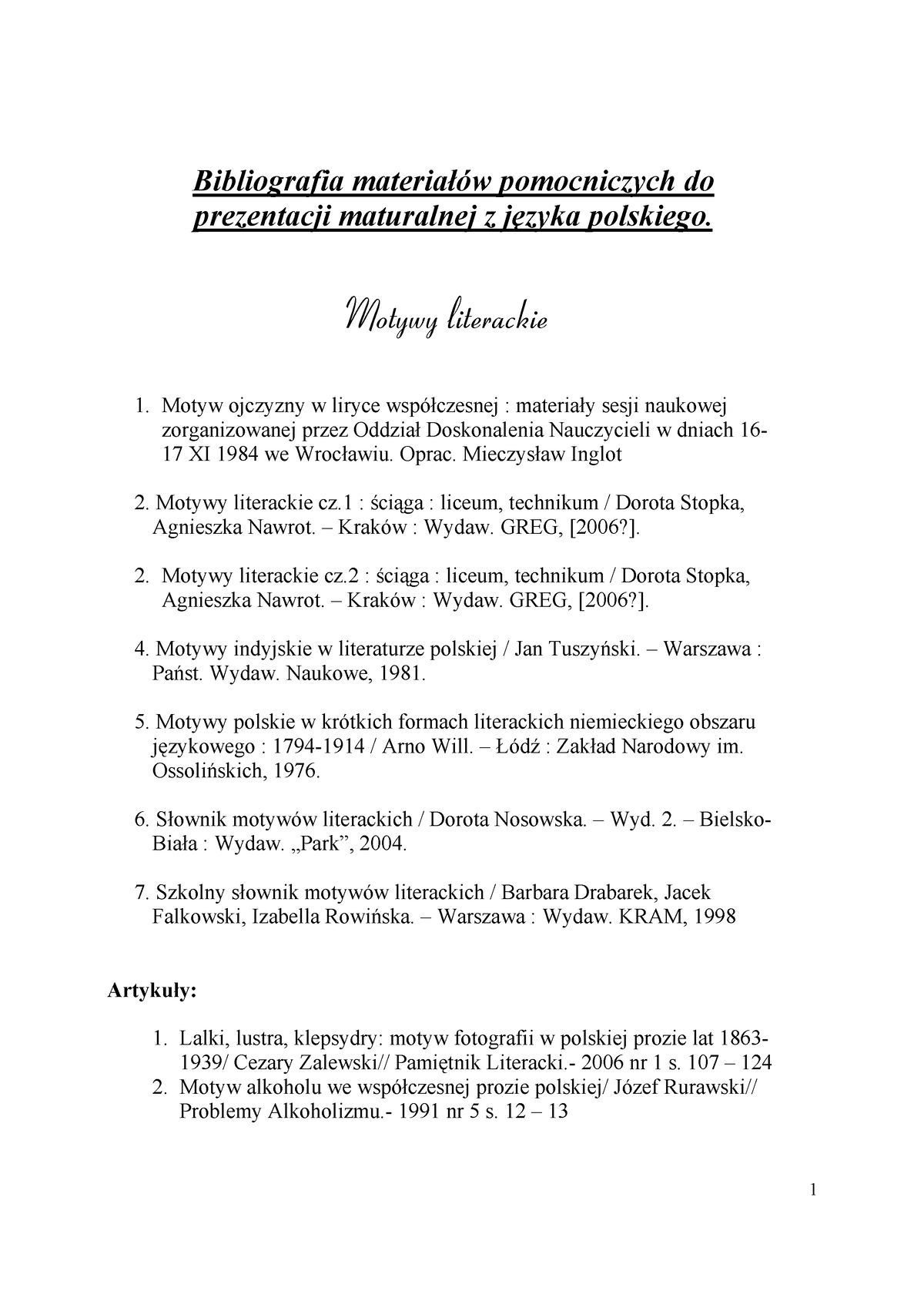 Motywy-matura - Bibliografia Materiałów Pomocniczych Do Prezentacji ...