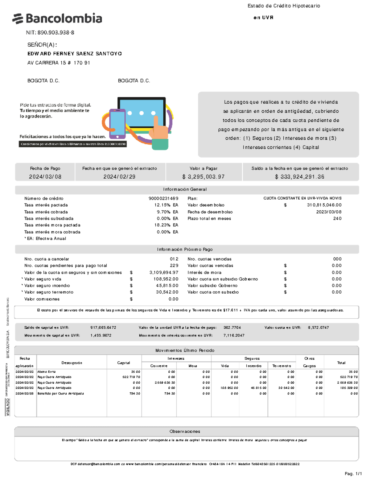 Extracto Febrero 2024 unlocked - Estado de Crédito Hipotecario en UVR ...