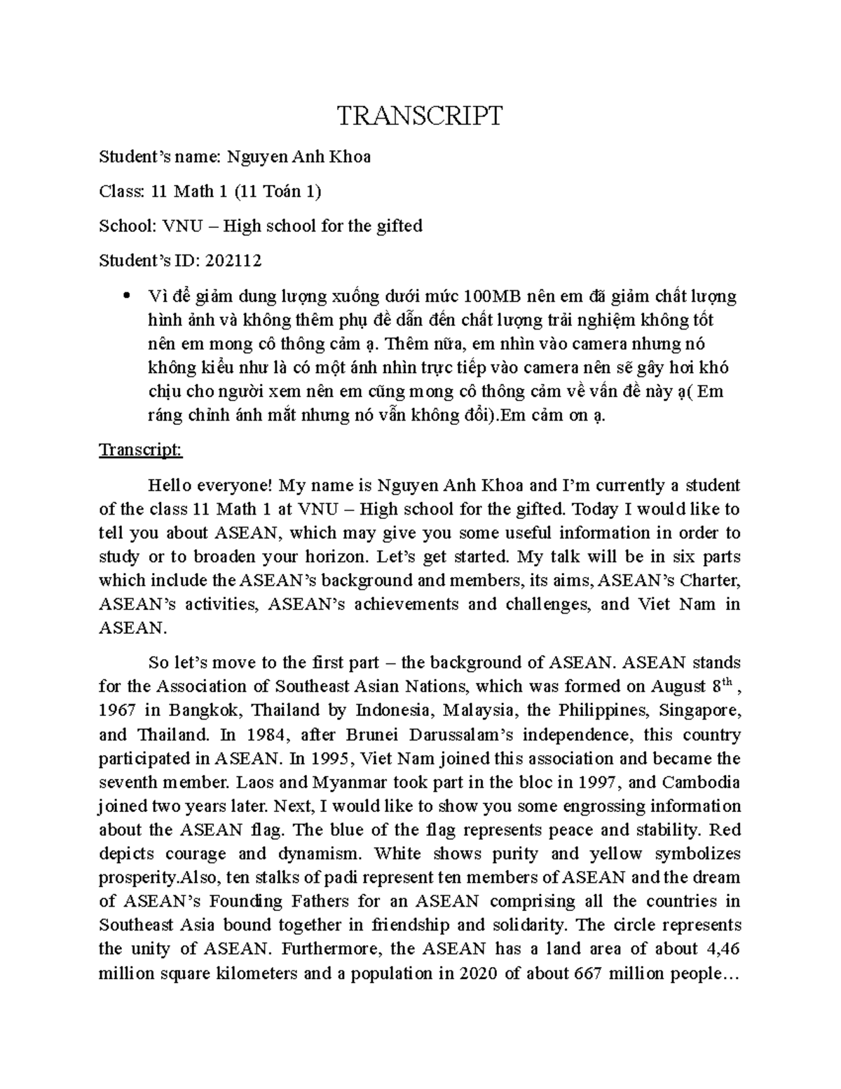 11 Toán 1 12 Nguyễn Anh Khoa-Transcript - TRANSCRIPT Student’s name ...