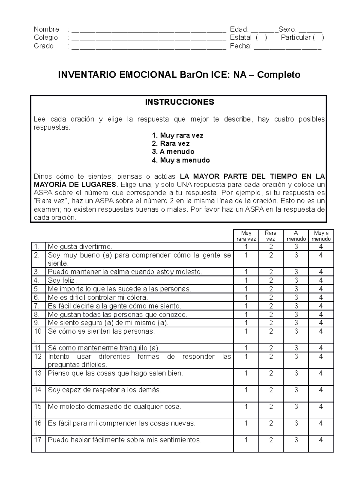 Inventario De Inteligencia Emocional Completo - Nombre