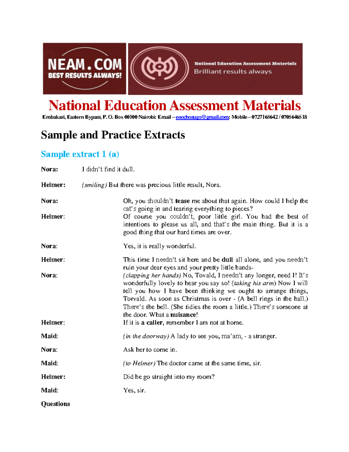 Doll's House Excerpts These are wonderful revision notes National