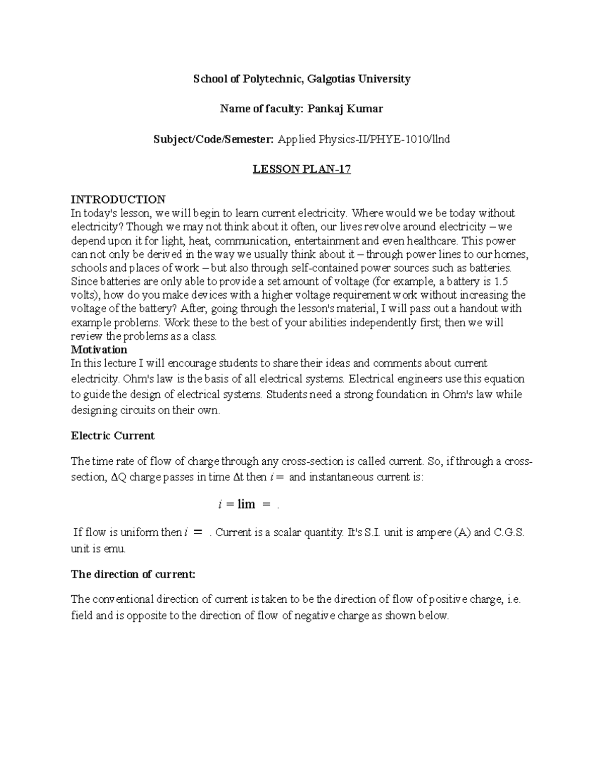 Lesson Plan 17 - Lecture notes 1 - School of Polytechnic, Galgotias ...