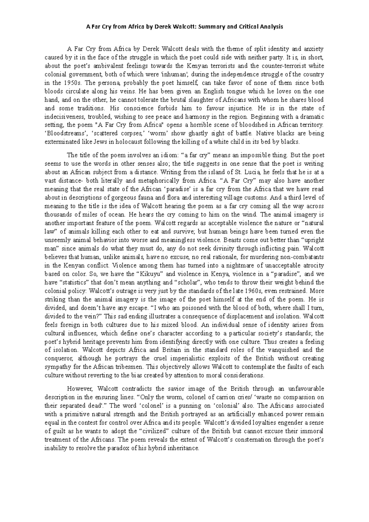 English Notes - A Far Cry from Africa by Derek Walcott: Summary and ...