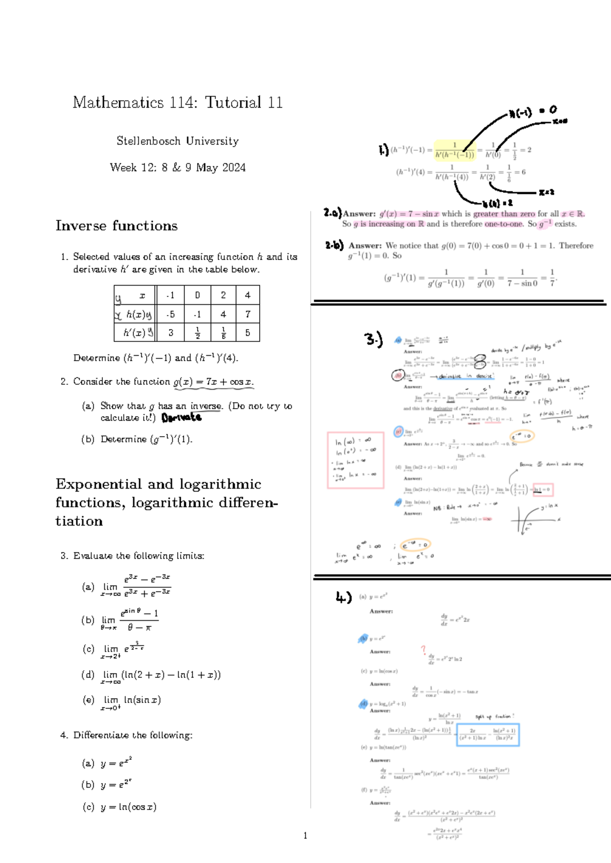 Maths TUT 11 - Mathematics 114: Tutorial 11 Stellenbosch University ...