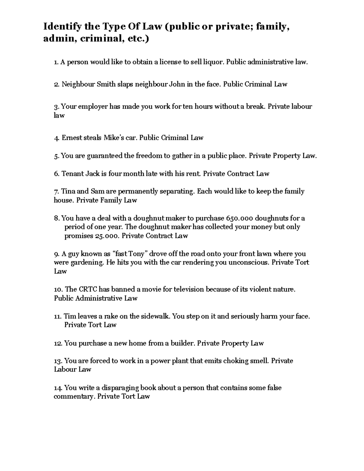 Identify the Type Of Law Worksheet Identify the Type Of Law (public