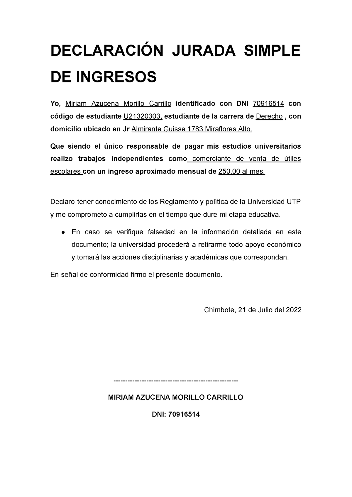 Declaración Jurada De Ingresos 2docx DeclaraciÓn Jurada Simple De Ingresos Yo Miriam 6000