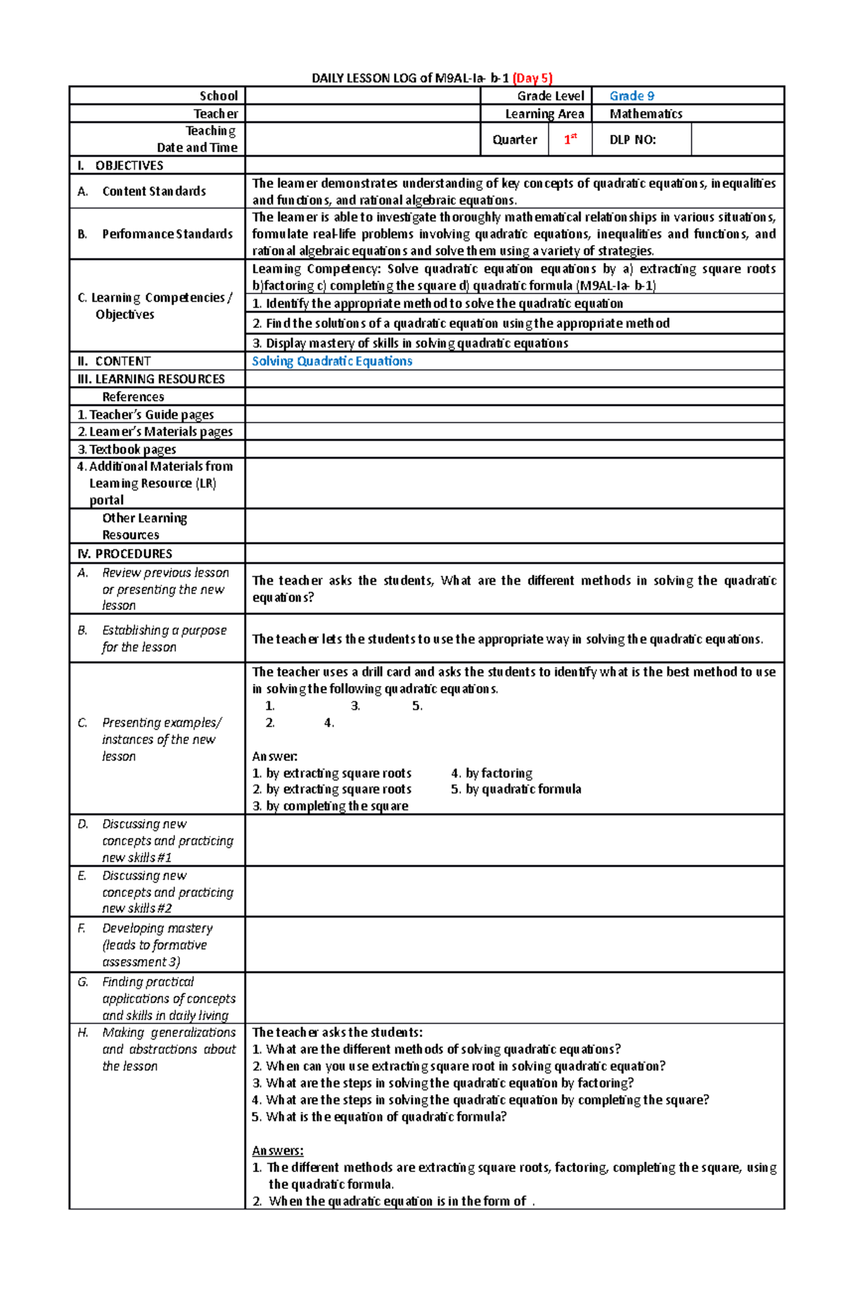 I-Day 6 - DAILY LESSON LOG of M9AL-Ia- b-1 (Day 5) School Grade Level ...