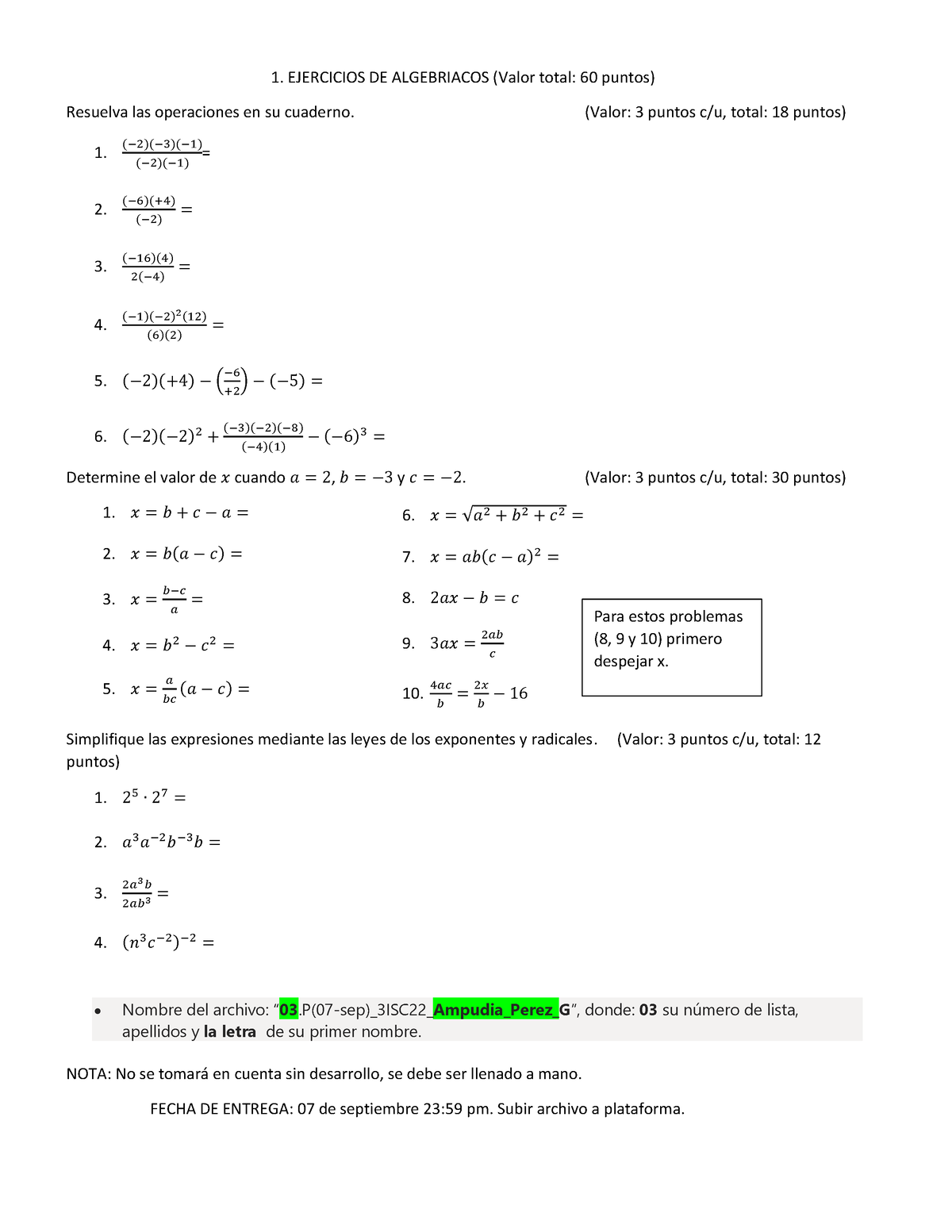 1. Ejercs - Algeb (60 Pts) - EJERCICIOS DE ALGEBRIACOS (Valor Total: 60 ...