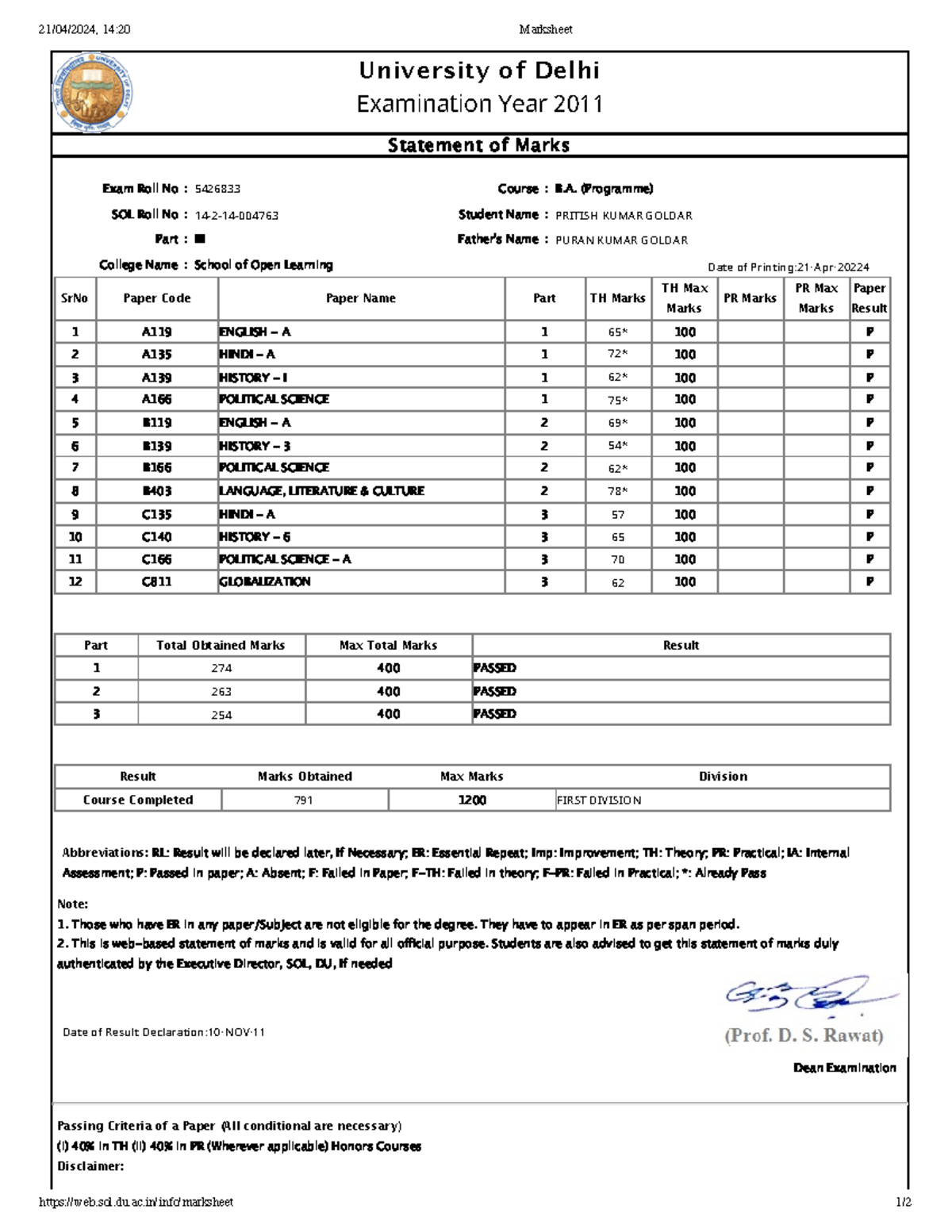 BA Programme (Result) (2) - University of Delhi Statement of Marks Exam ...